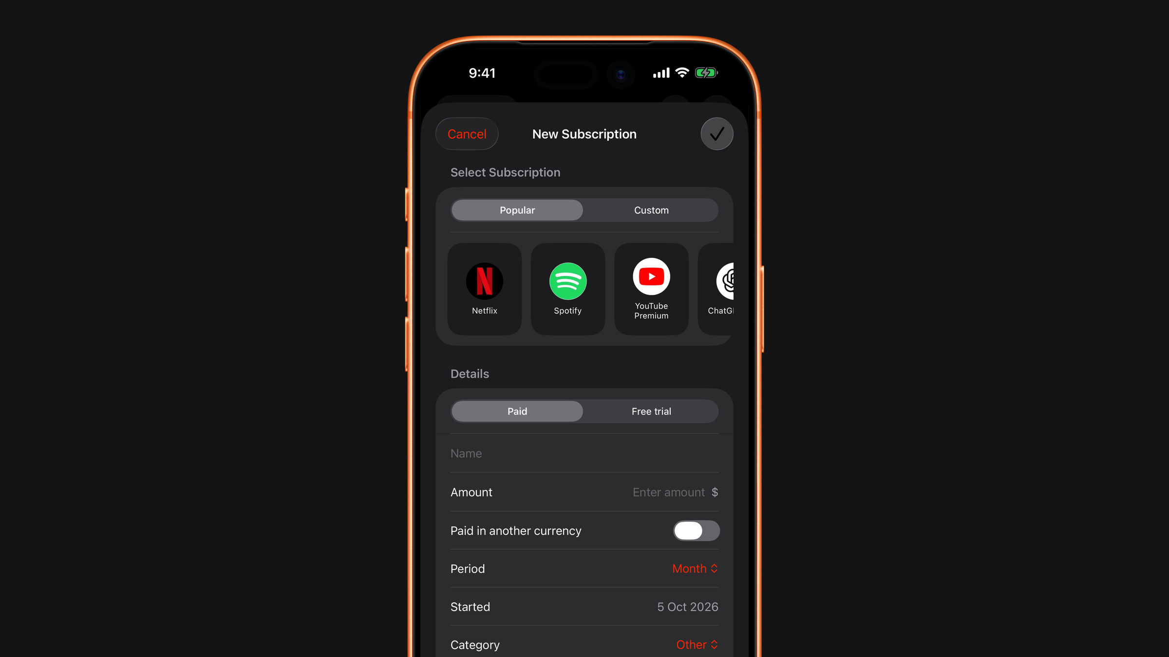 The Add subscription sheet in Subscrr on iPhone.