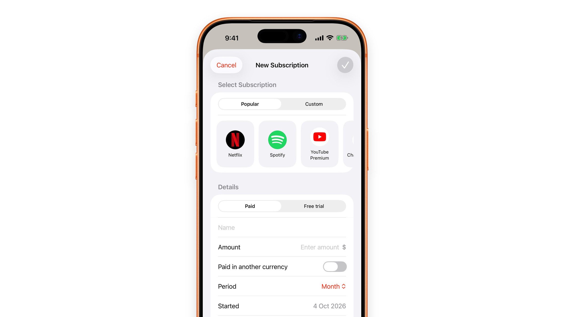 The Add subscription sheet in Subscrr on iPhone.
