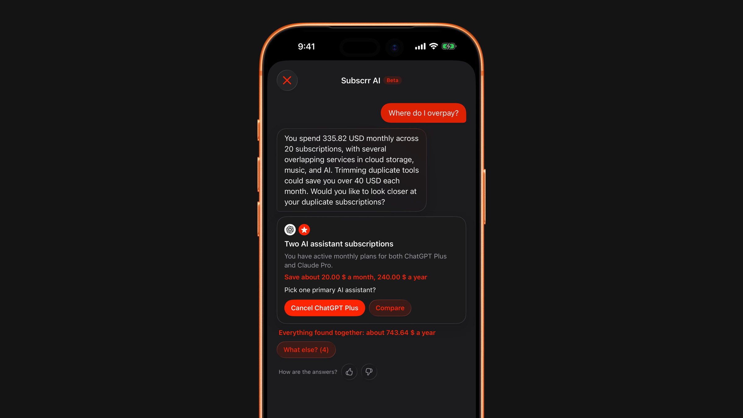 Subscrr AI on iPhone: an overview of what you pay for and where you could save.