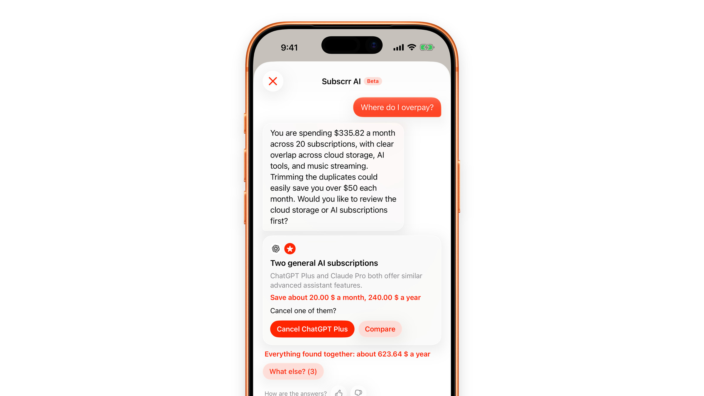 Subscrr AI on iPhone: an overview of what you pay for and where you could save.