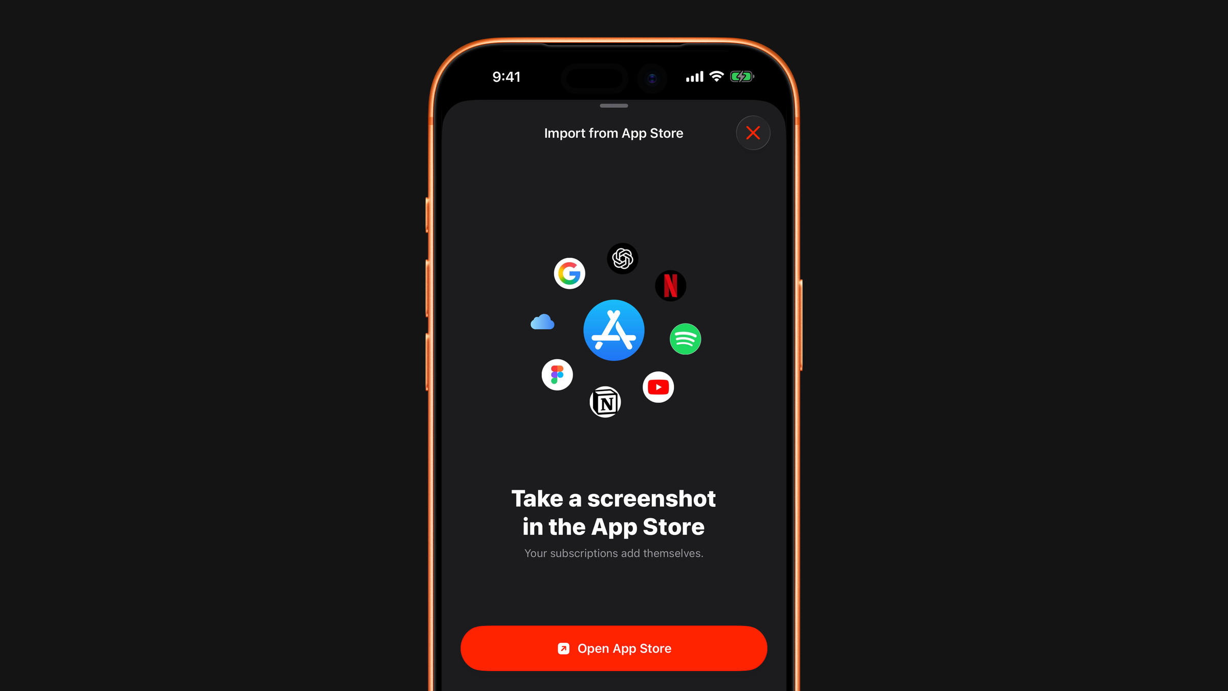 The Import from App Store screen in Subscrr on iPhone: take a screenshot of your Apple subscriptions and drop it in.
