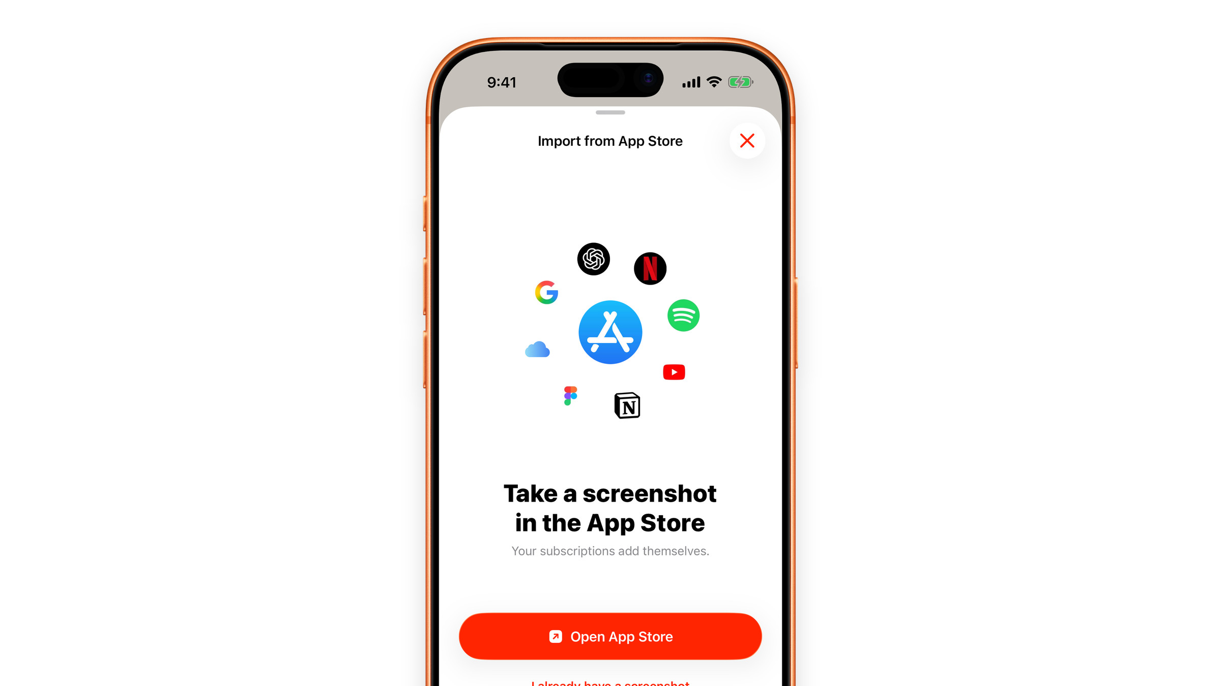 The Import from App Store screen in Subscrr on iPhone: take a screenshot of your Apple subscriptions and drop it in.