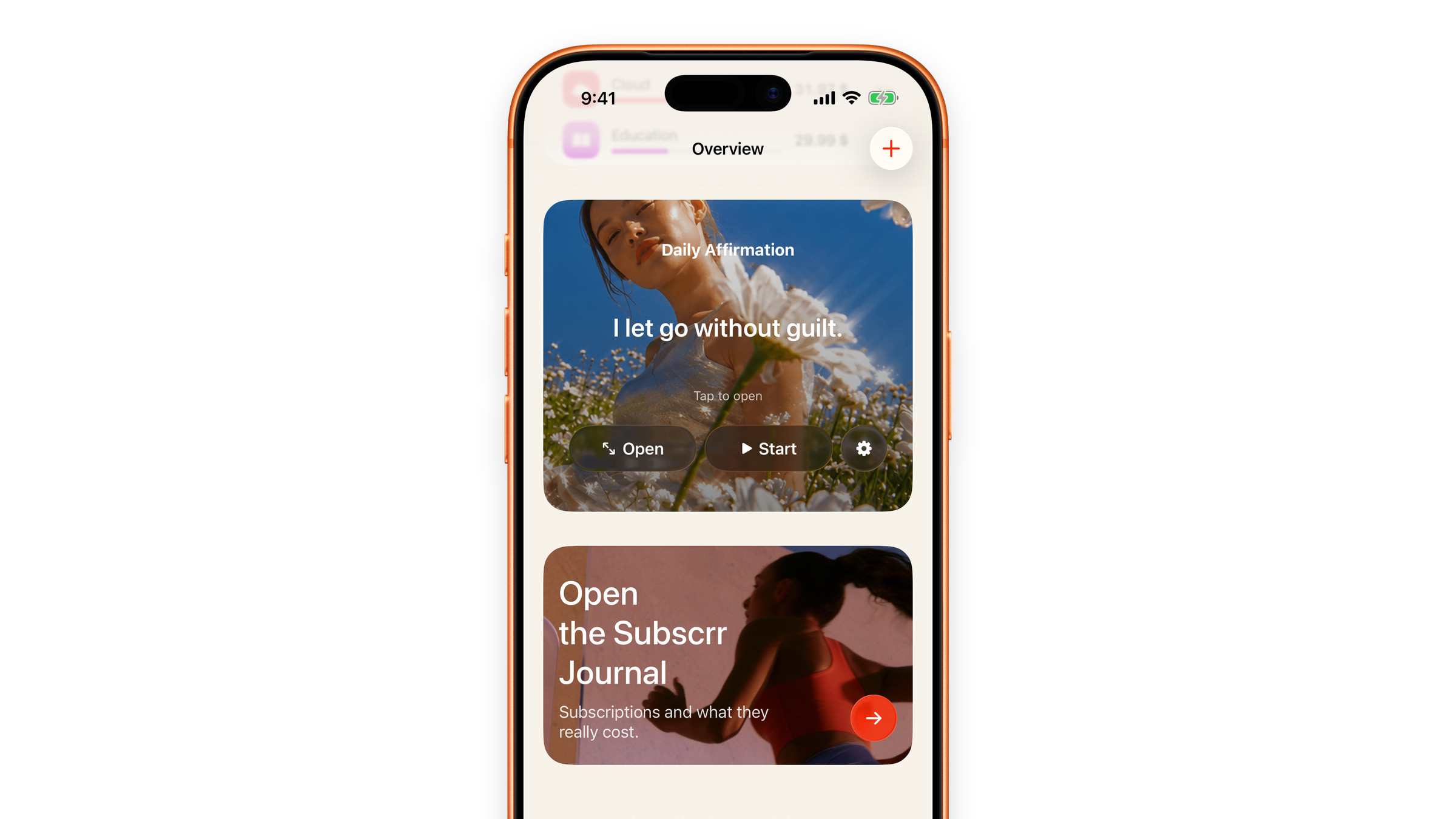 The daily affirmation card on the Subscrr Overview tab, revealed.