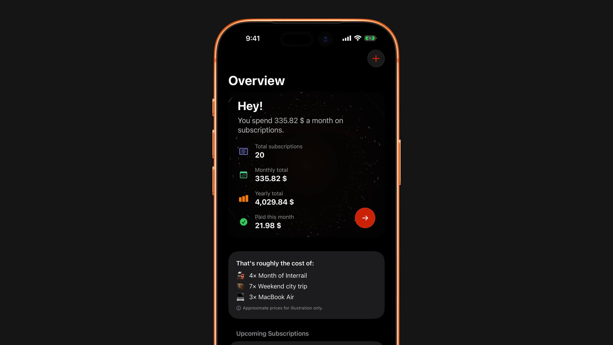 The Overview tab in Subscrr on iPhone: the monthly and yearly total, and what is already paid this month.