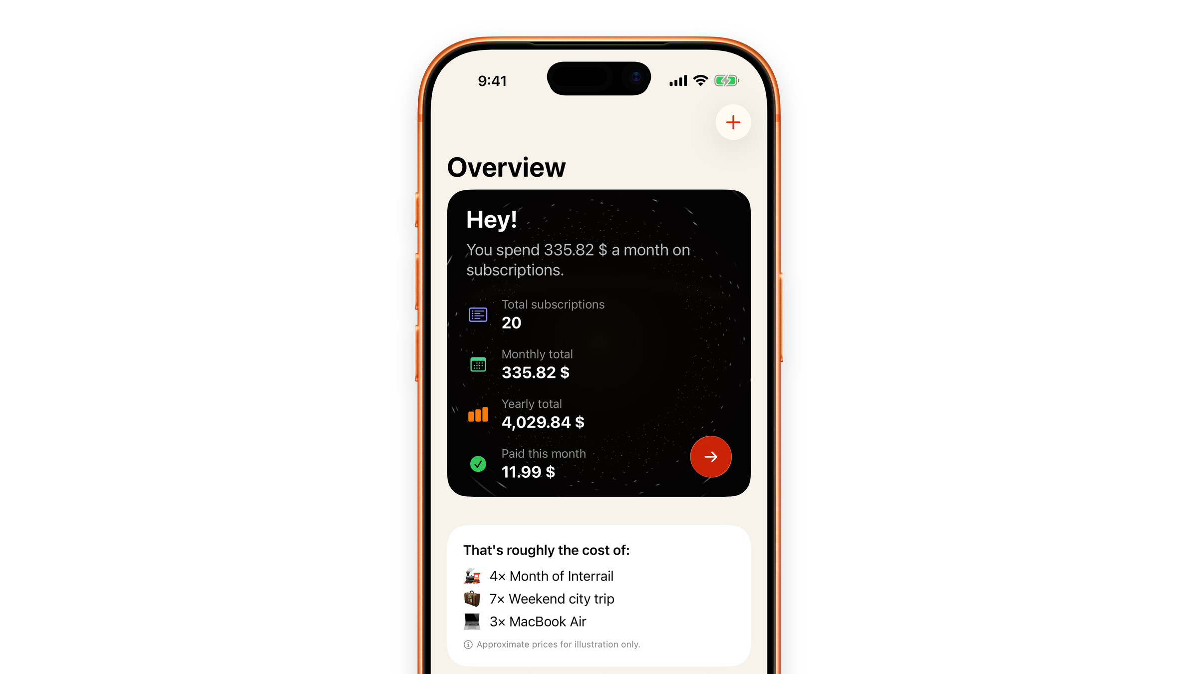 The Overview tab in Subscrr on iPhone: the monthly and yearly total, and what is already paid this month.