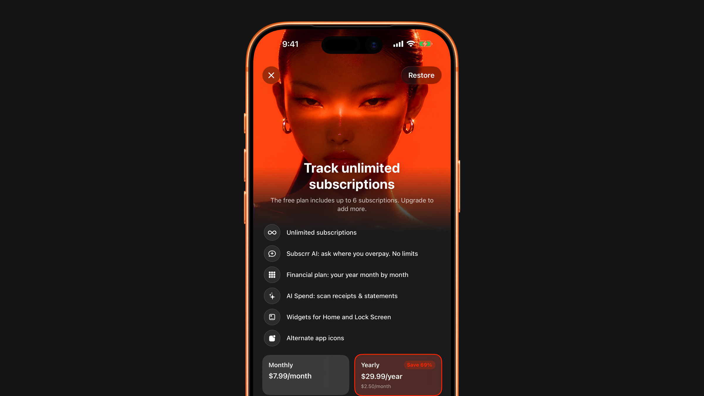 The Premium screen in Subscrr on iPhone with the monthly and yearly plans.