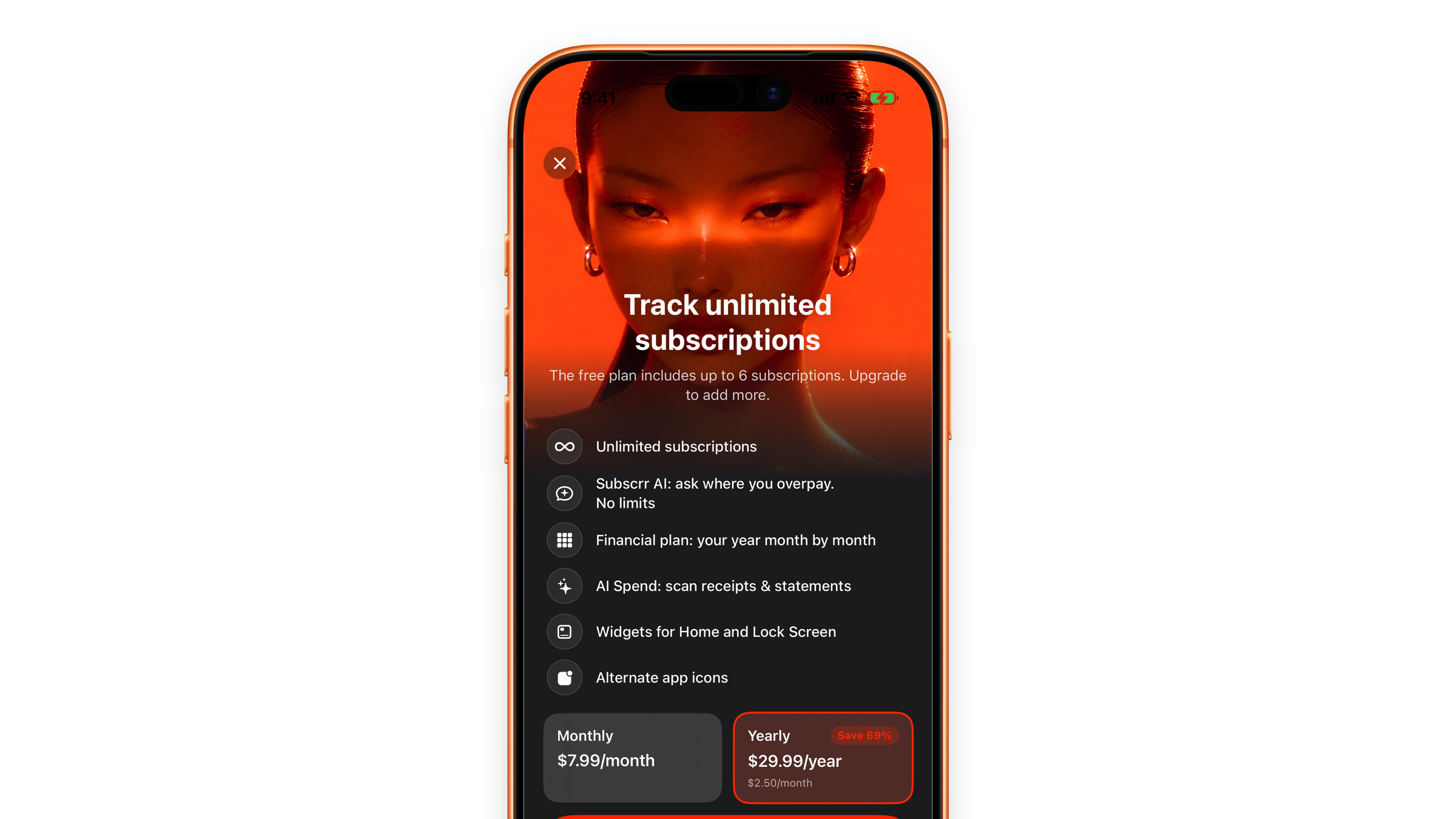 The Premium screen in Subscrr on iPhone with the monthly and yearly plans.