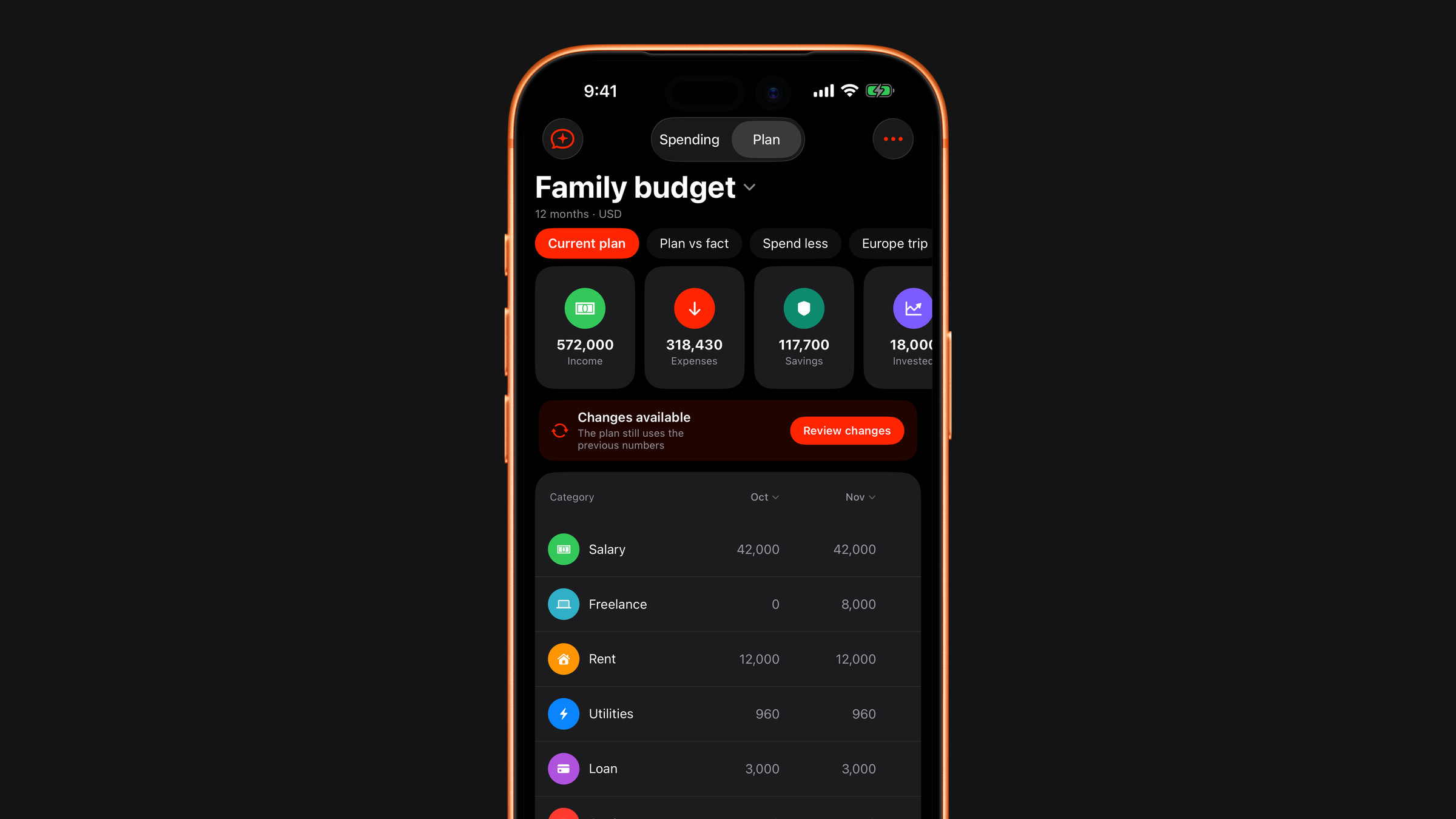 The Plan tab in Subscrr on iPhone with the Changes available strip under the summary.