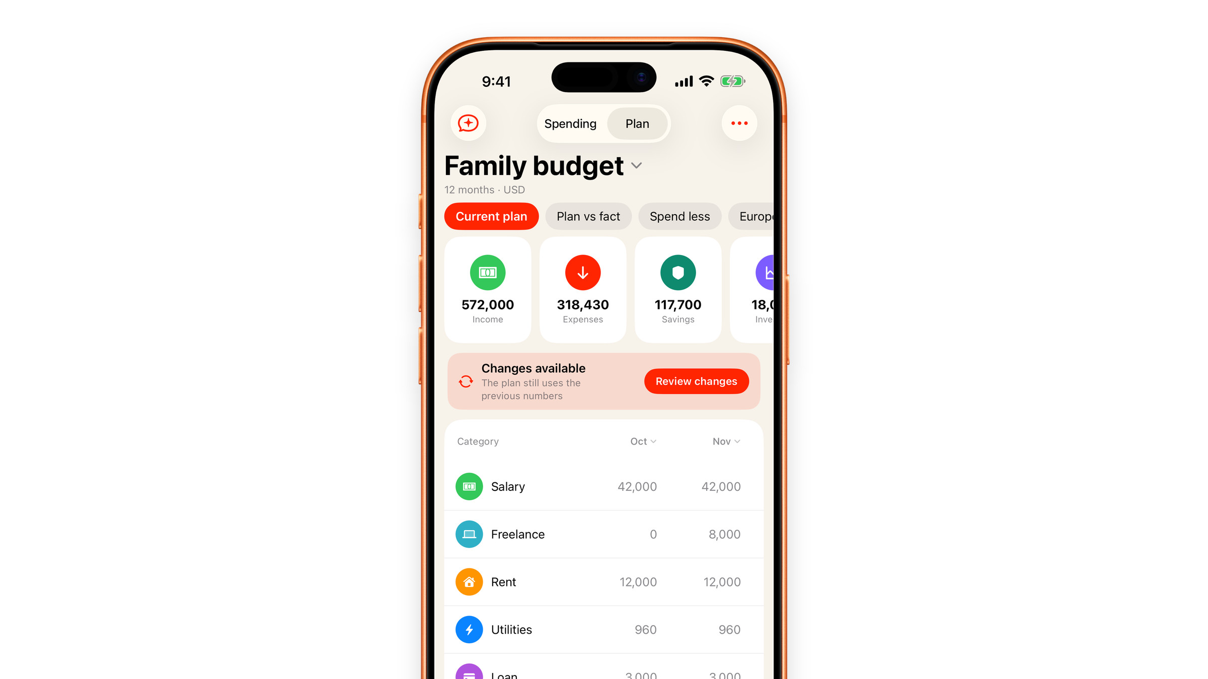 The Plan tab in Subscrr on iPhone with the Changes available strip under the summary.