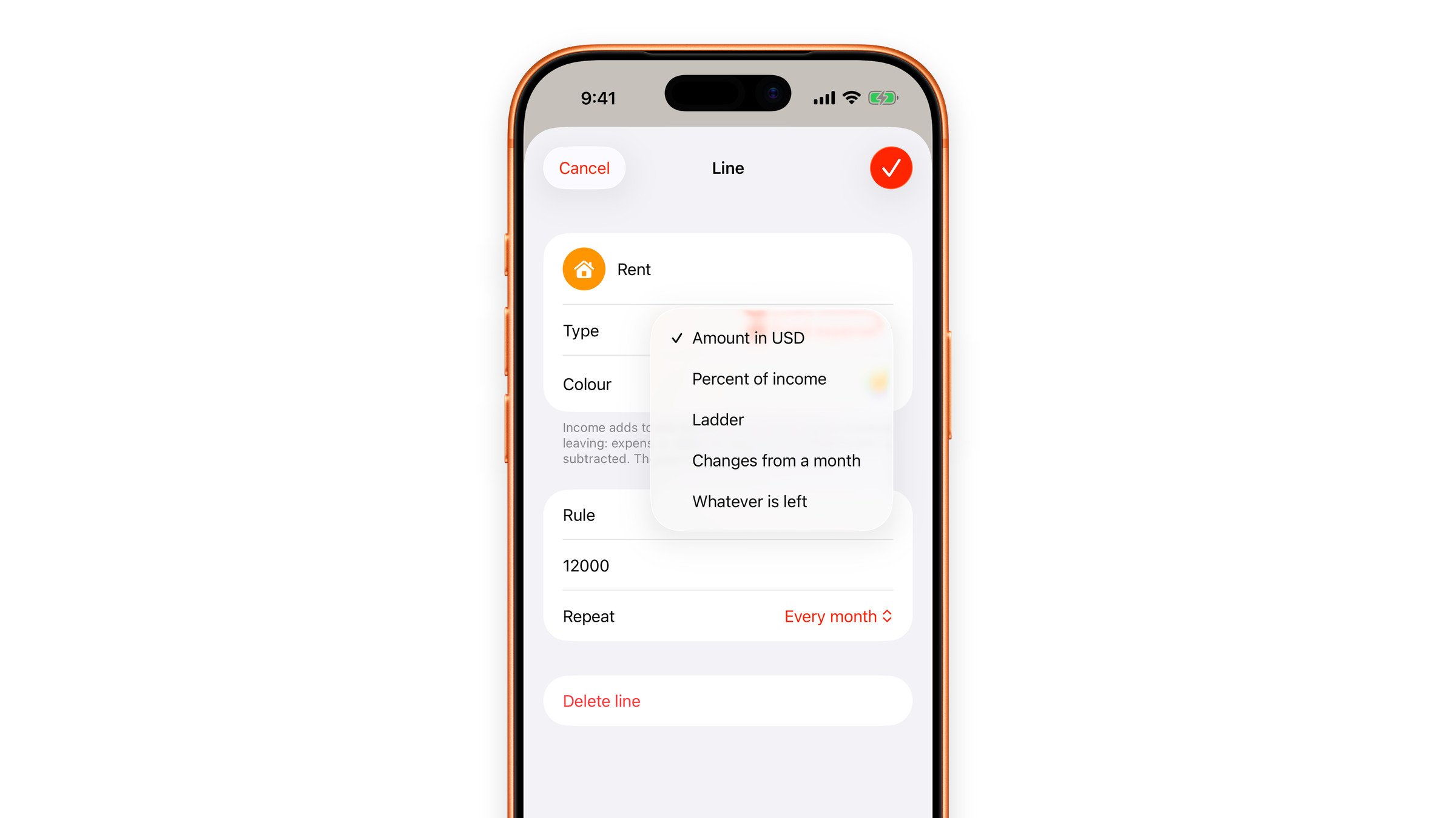 Editing a plan row in Subscrr on iPhone: the type of money and the rule that fills the months.