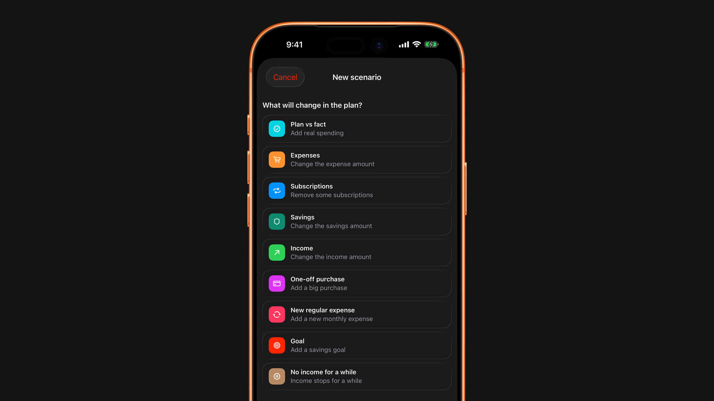 The New scenario sheet in Subscrr on iPhone listing the nine kinds of scenario, each with its own coloured icon.