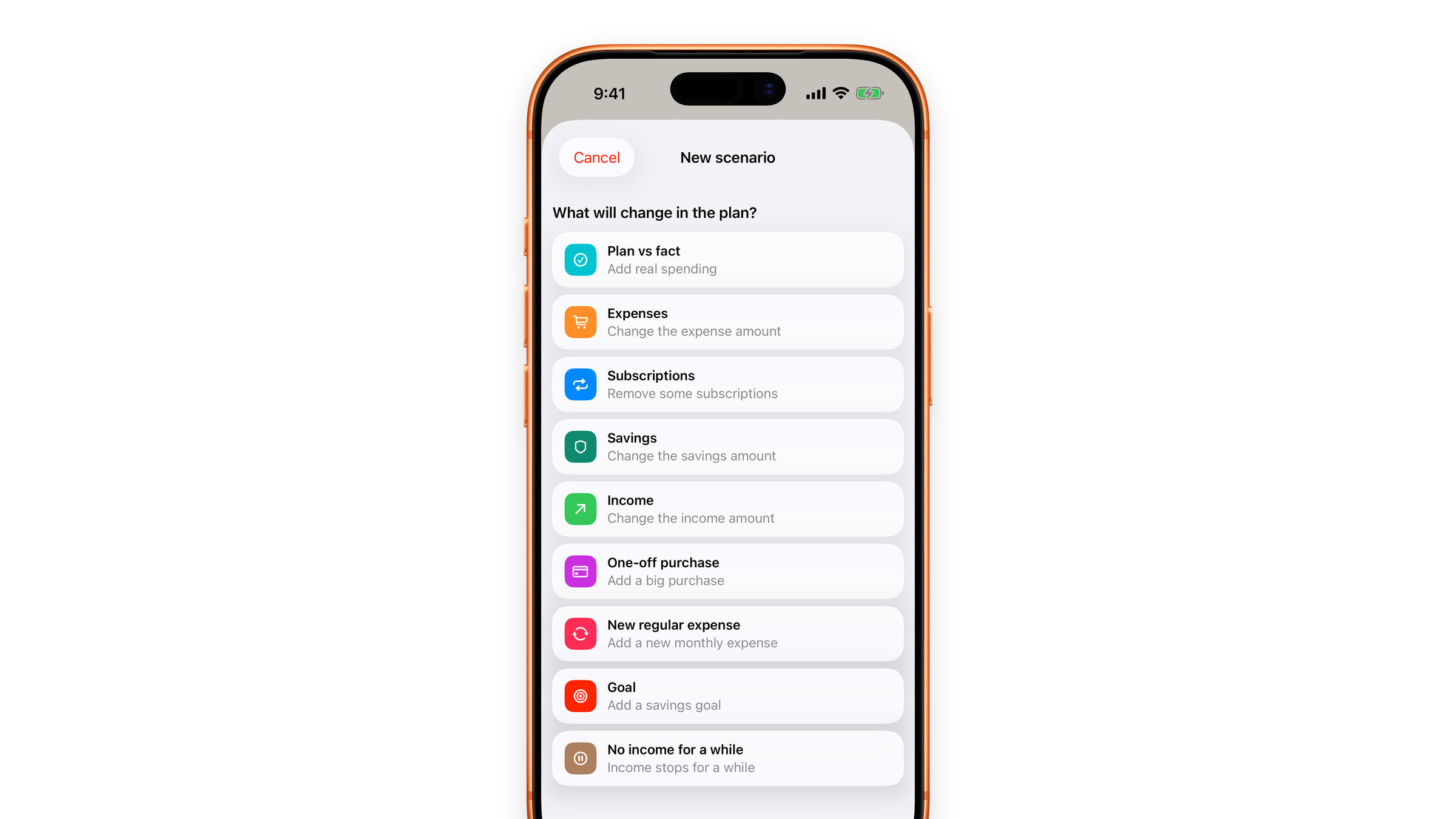 The New scenario sheet in Subscrr on iPhone listing the nine kinds of scenario, each with its own coloured icon.