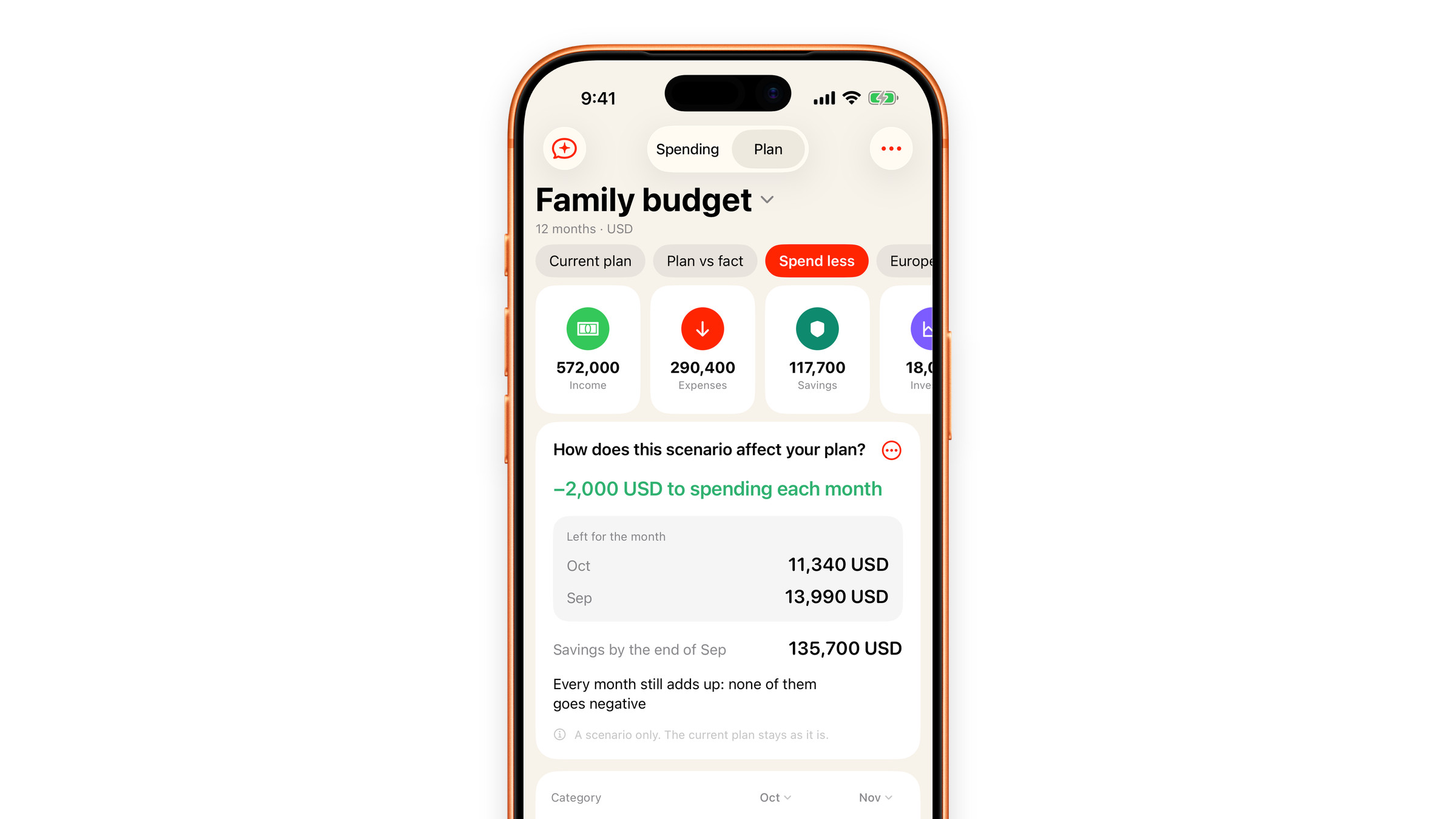 The Plan tab in Subscrr on iPhone with the Spend less scenario selected: what the change does to spending, to what is left each month and to savings.