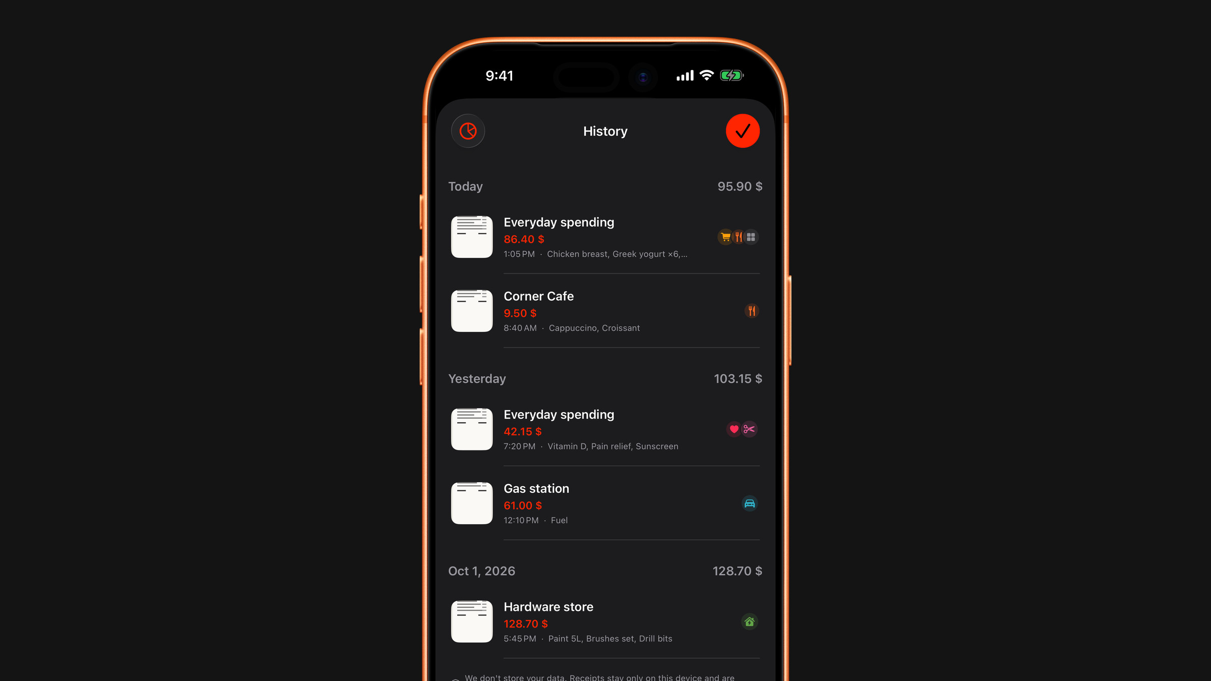 The scan history in Subscrr on iPhone, grouped by day.