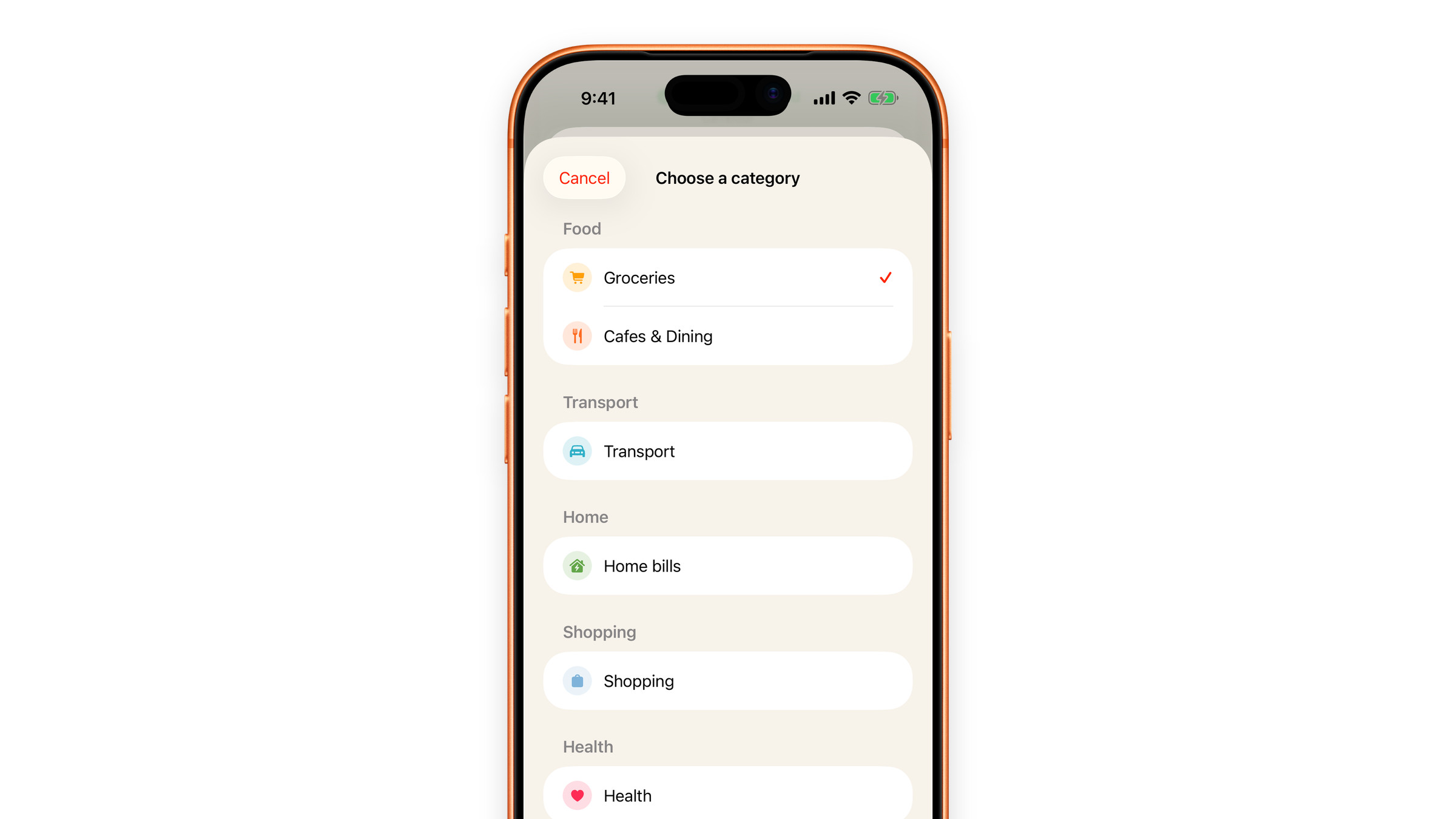 Choosing a category for a receipt item in Subscrr on iPhone.