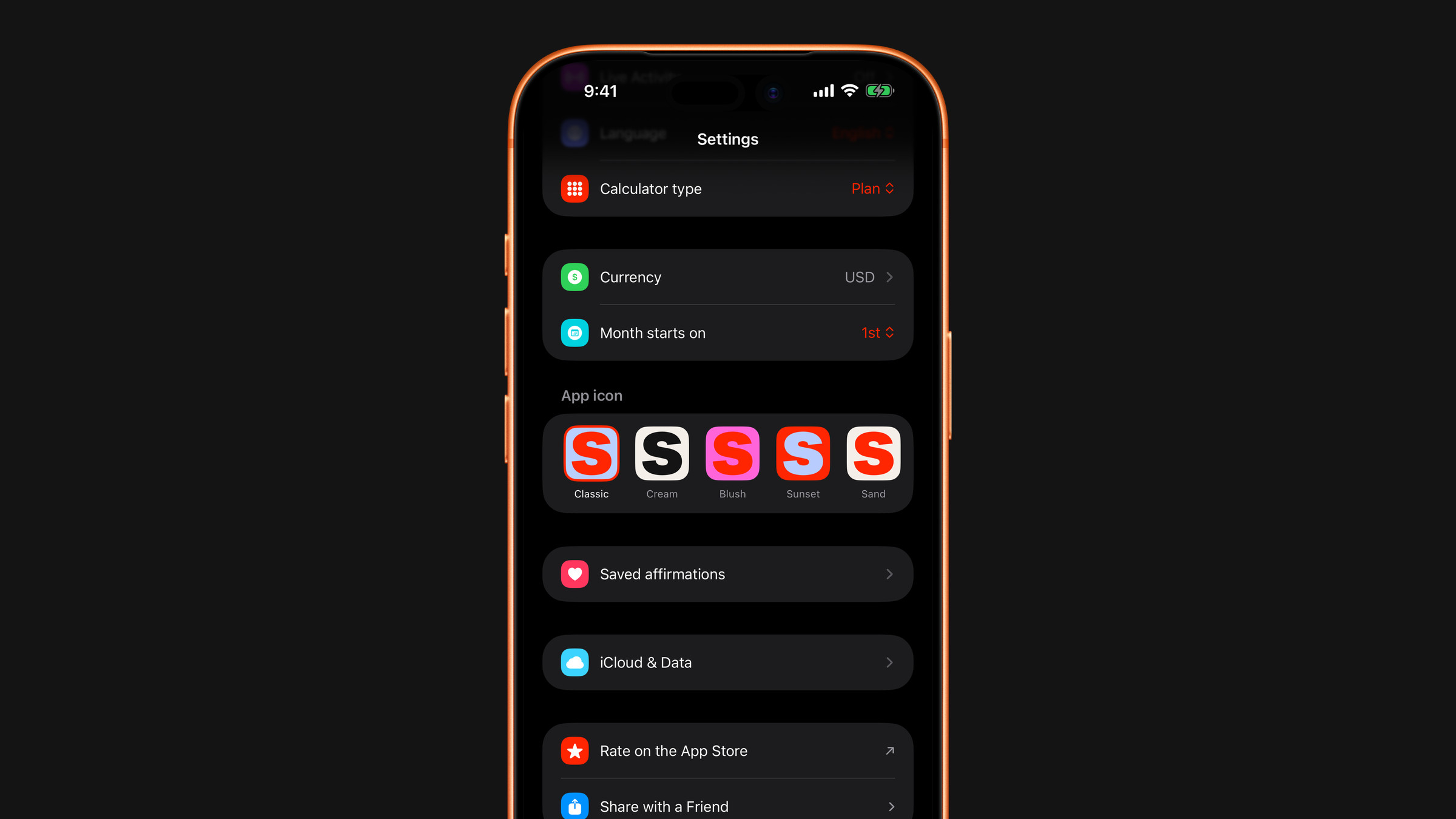 Choosing the app icon in Subscrr Settings on iPhone.