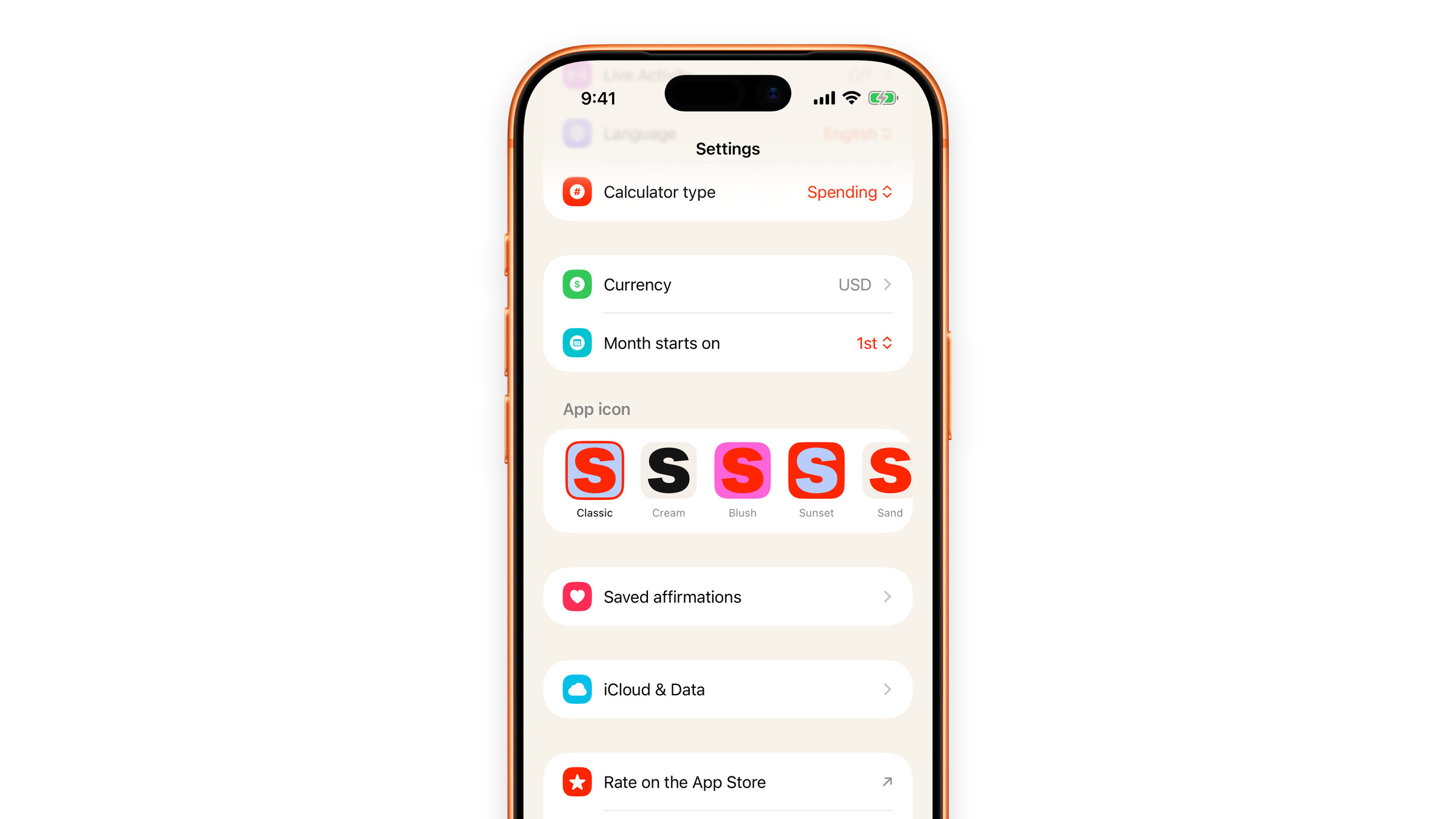 Choosing the app icon in Subscrr Settings on iPhone.