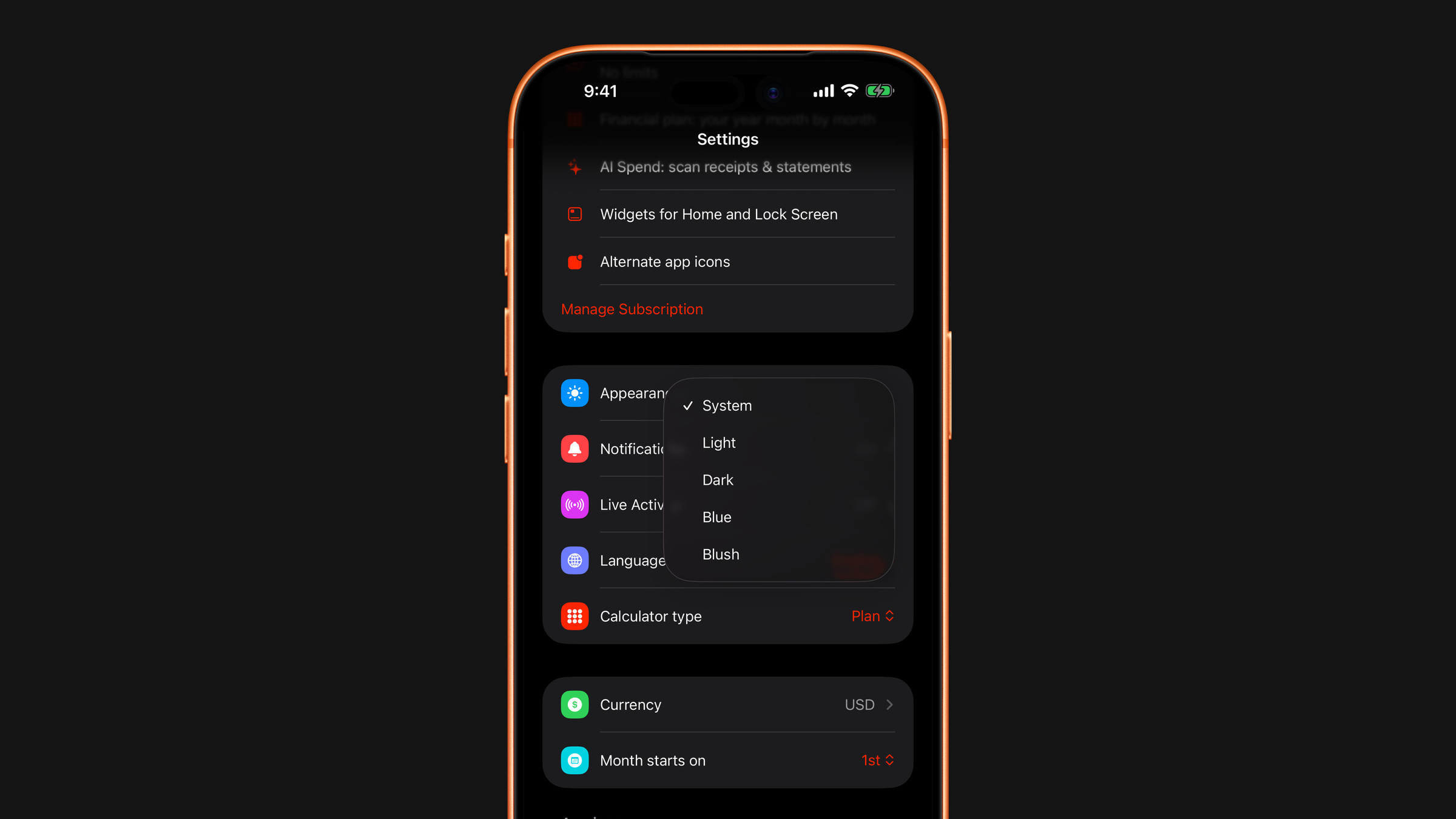 Language and appearance settings in Subscrr on iPhone.