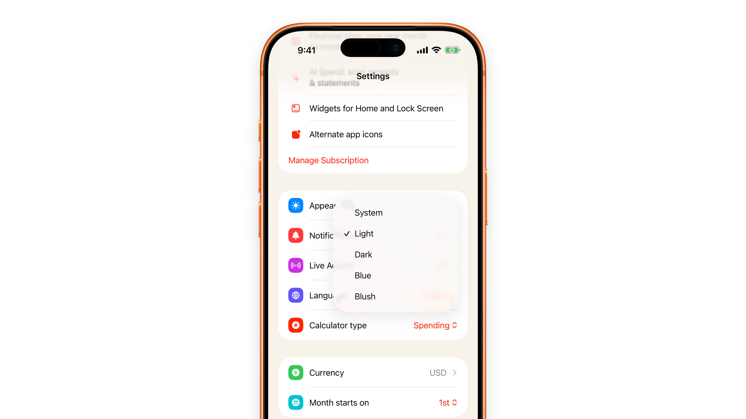 Language and appearance settings in Subscrr on iPhone.