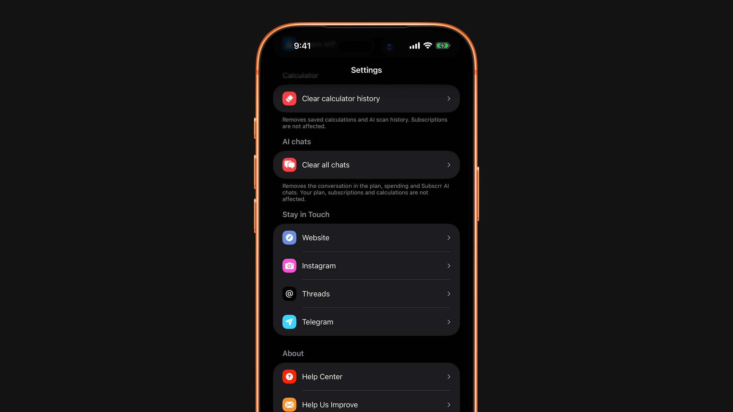 The contact and community links at the bottom of Settings in Subscrr on iPhone.