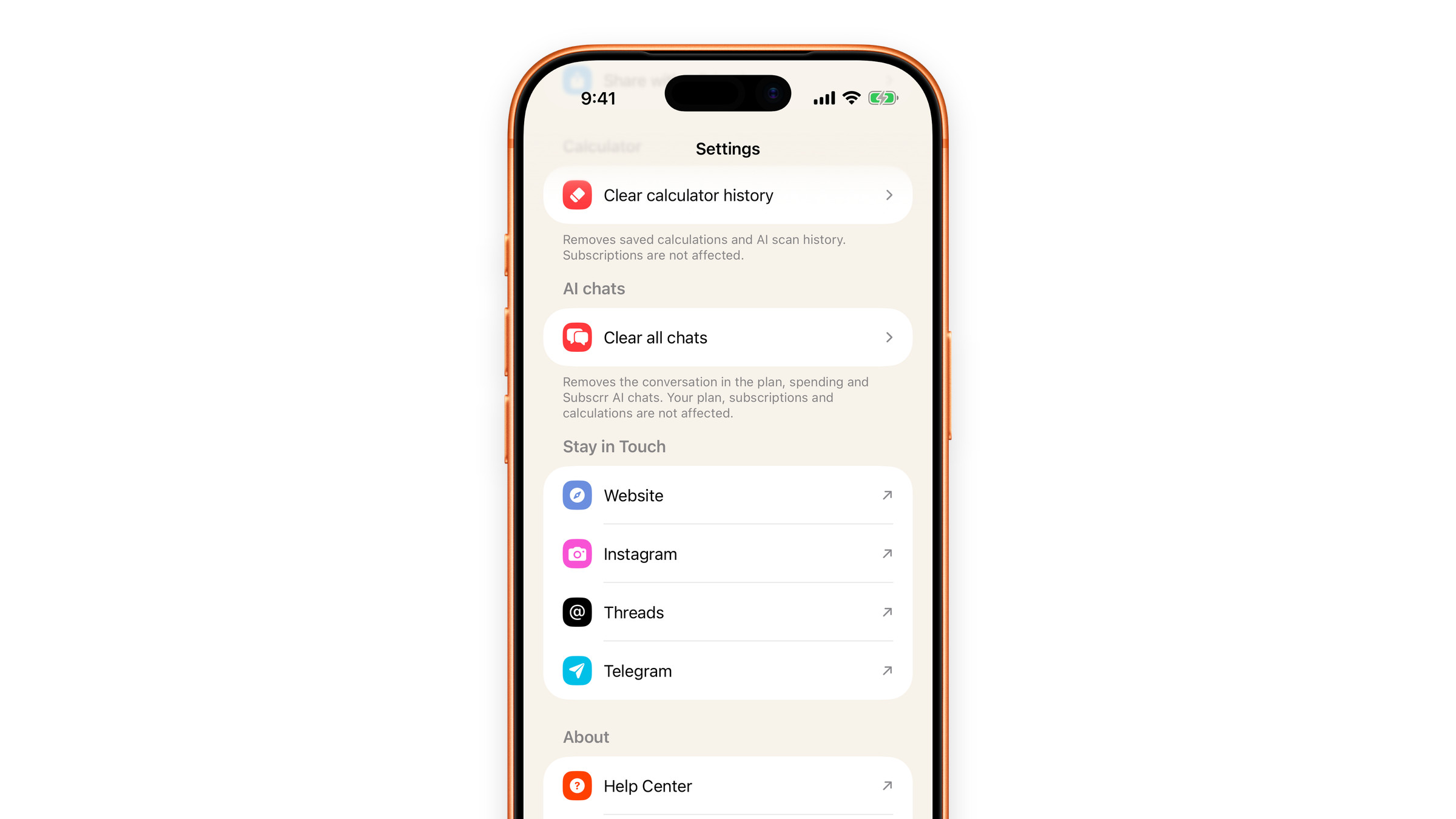 The contact and community links at the bottom of Settings in Subscrr on iPhone.