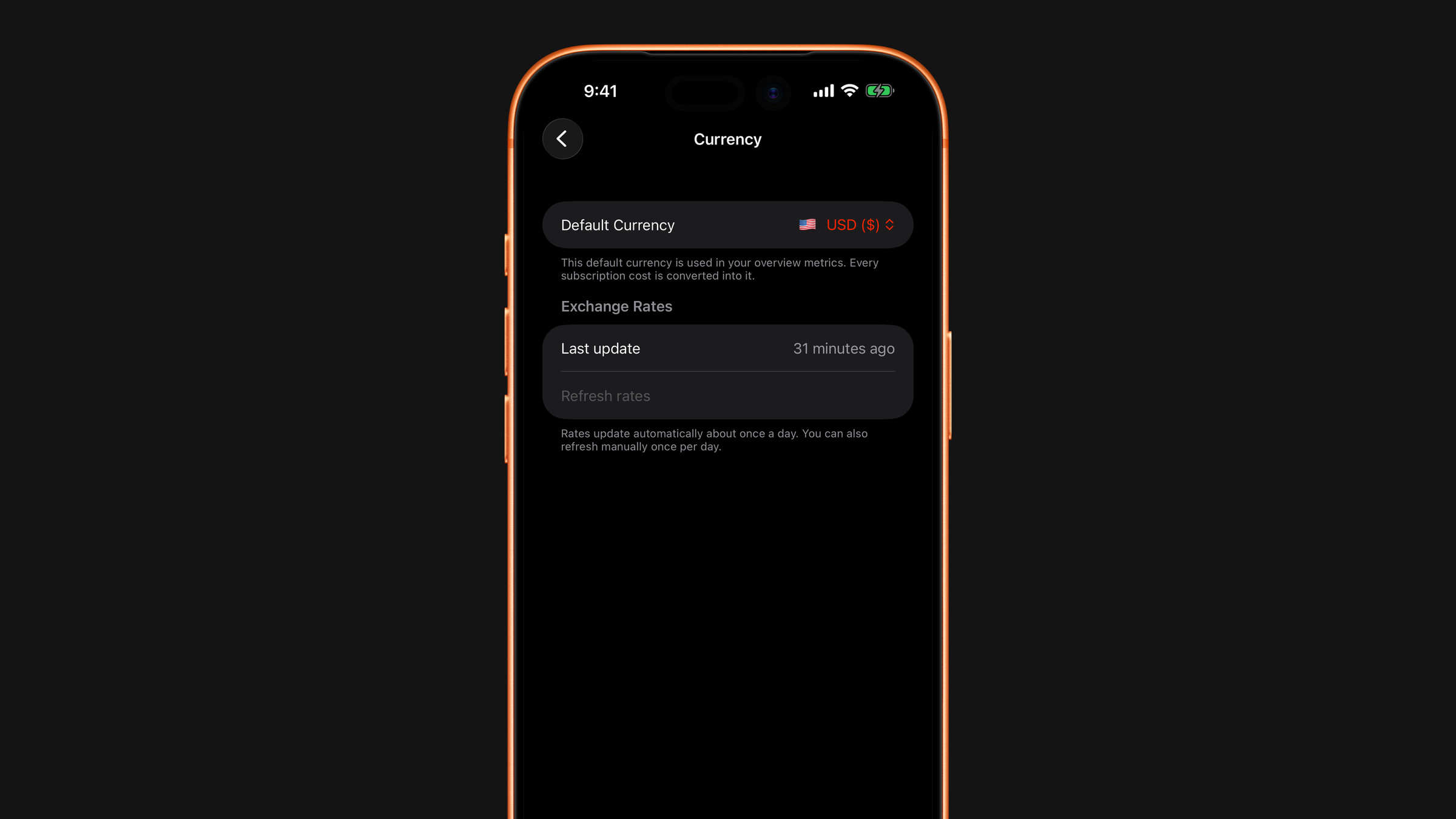 The currency settings in Subscrr on iPhone: the default currency, exchange rates and when they were last updated.
