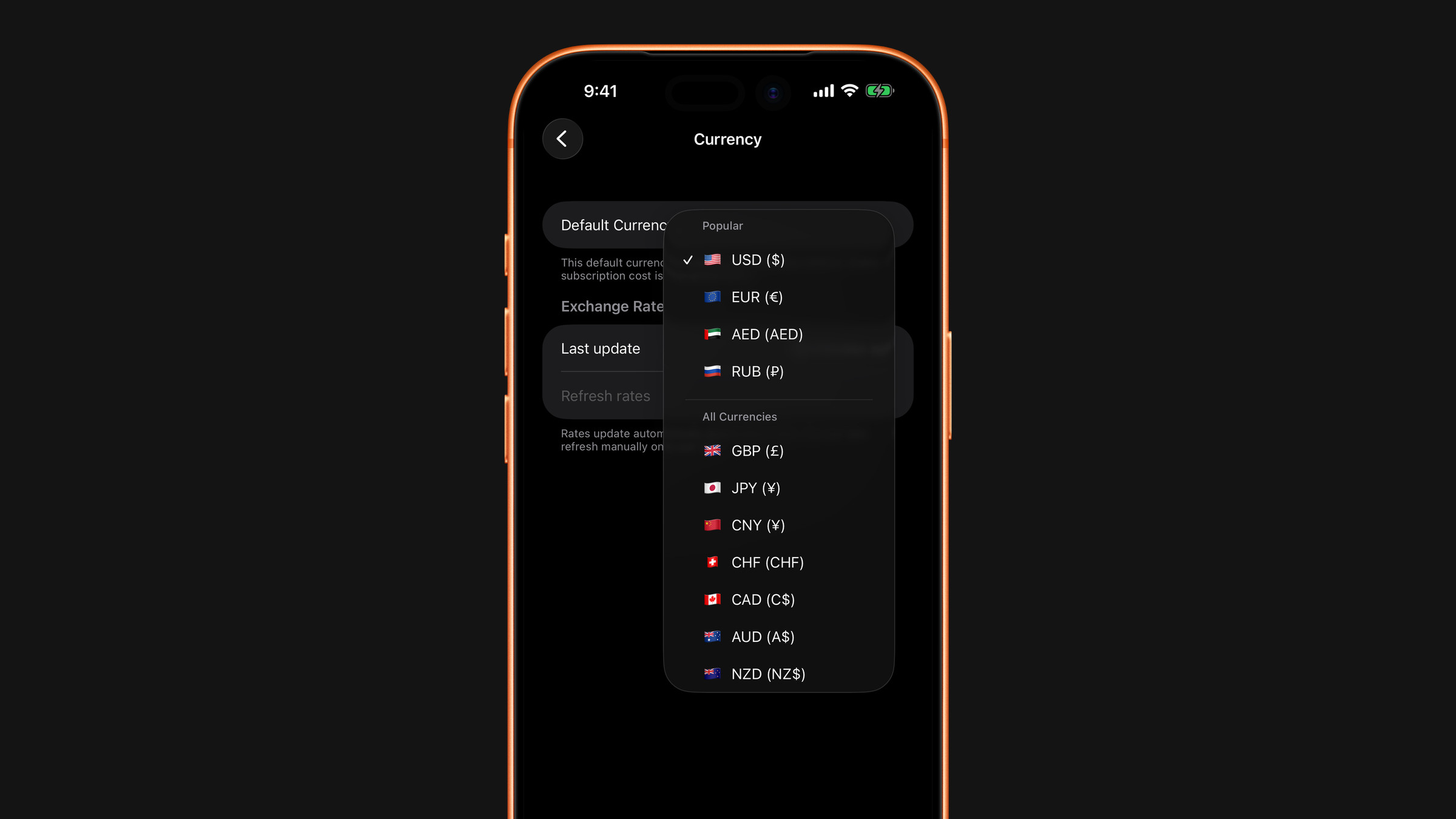The list of currencies to choose from in Subscrr Settings on iPhone.