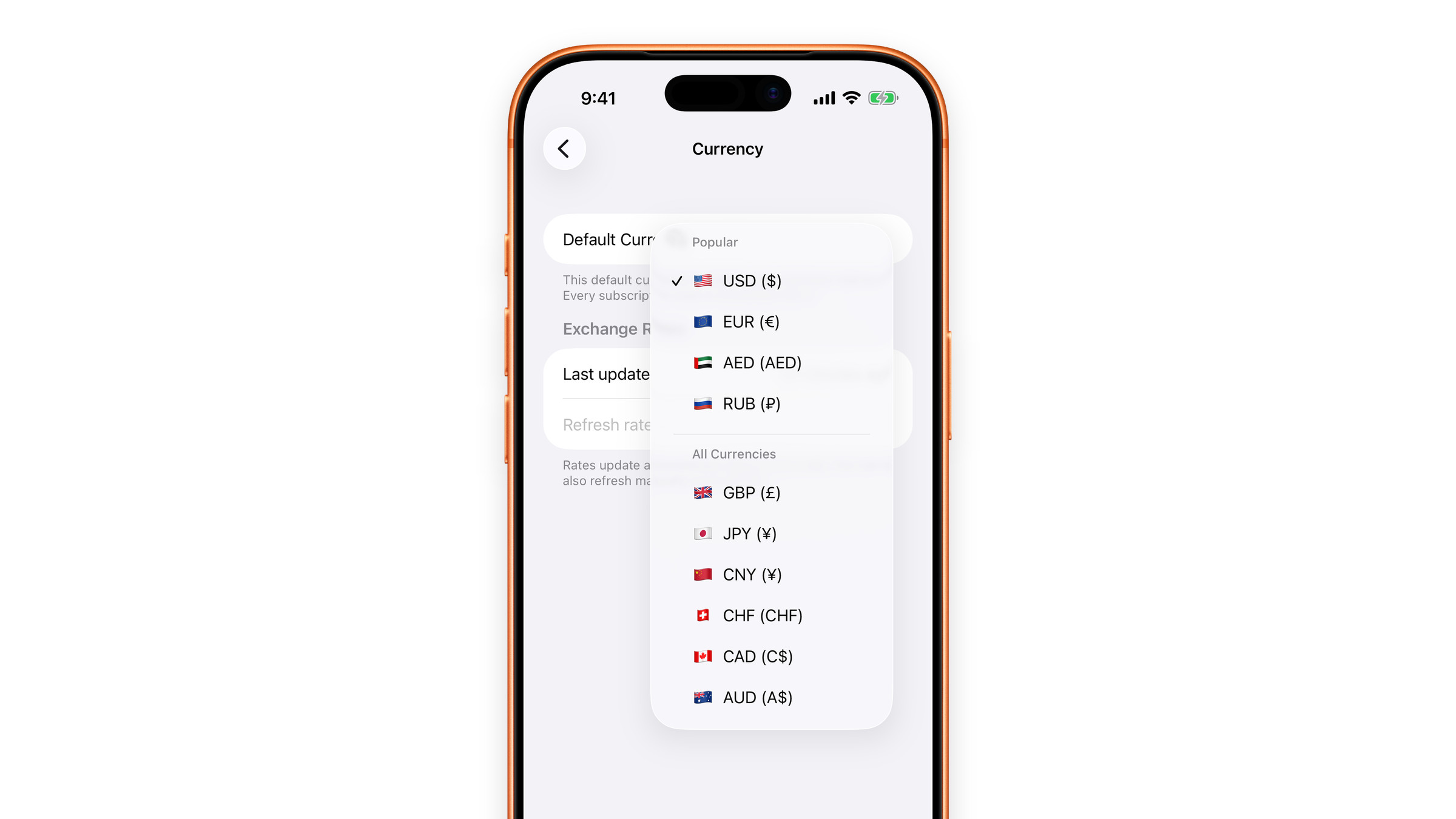 The list of currencies to choose from in Subscrr Settings on iPhone.
