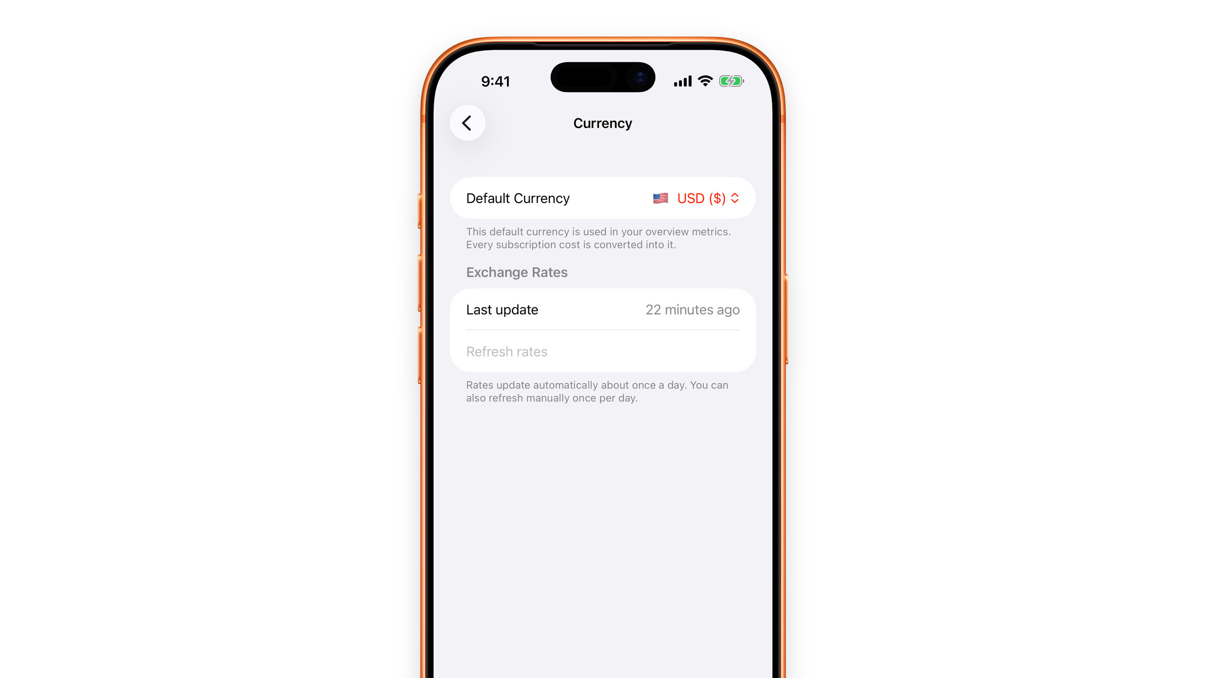 The currency settings in Subscrr on iPhone: the default currency, exchange rates and when they were last updated.