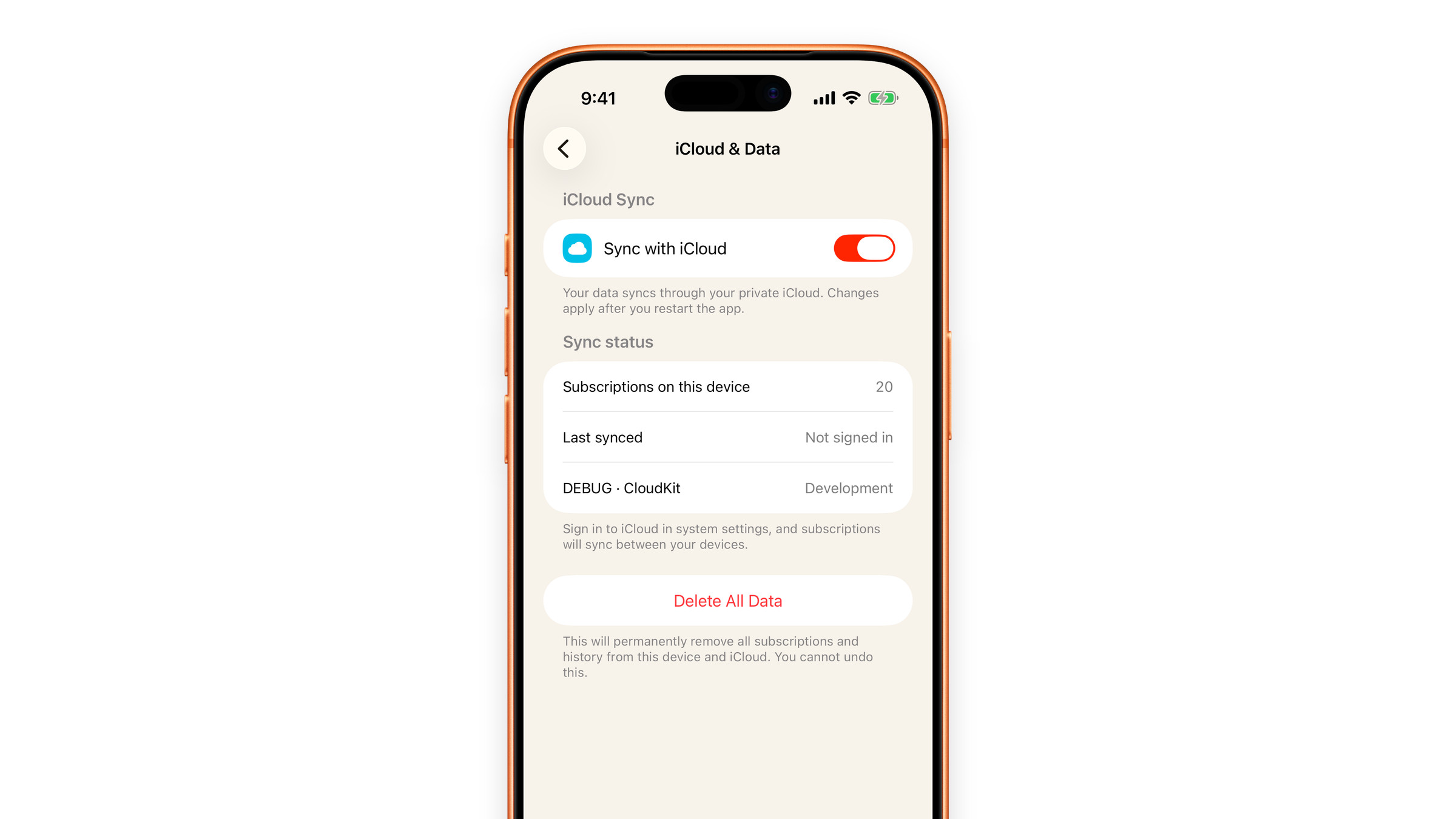 The iCloud and data settings in Subscrr on iPhone.