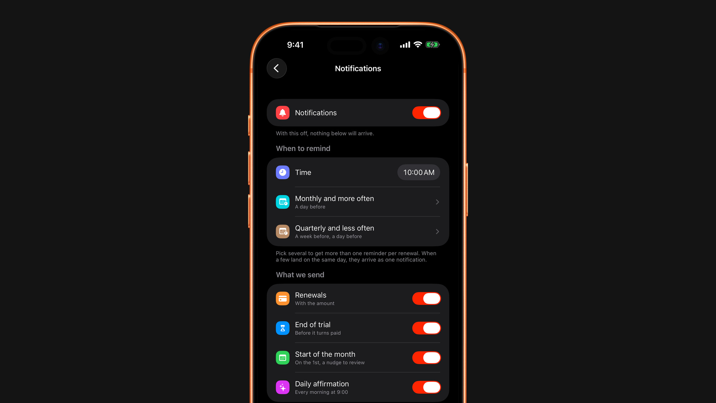 Notification settings in Subscrr on iPhone: the time of reminders and how far ahead they fire.