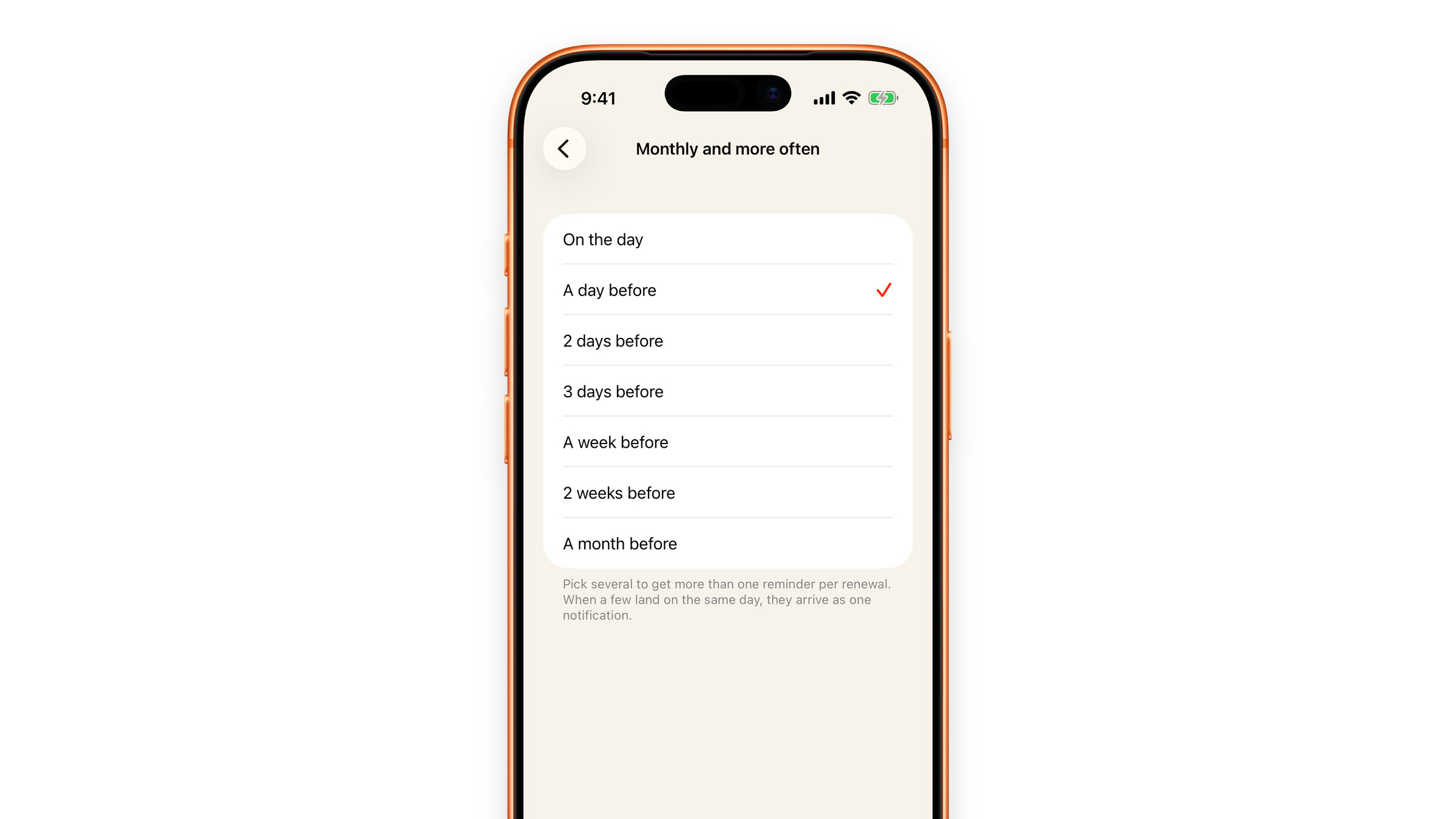 Choosing how many days before a renewal the reminder arrives in Subscrr on iPhone.