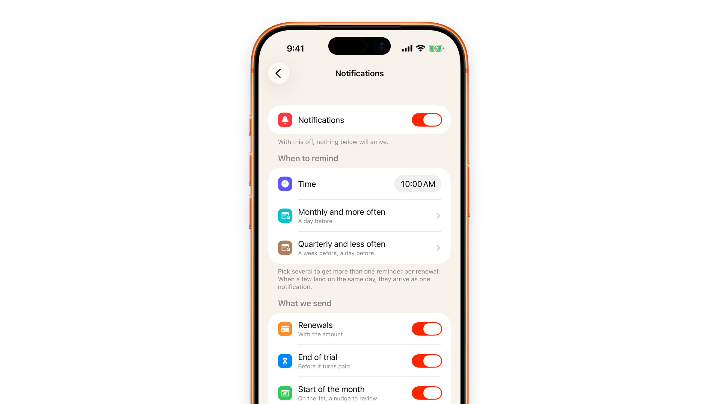 Notification settings in Subscrr on iPhone: the time of reminders and how far ahead they fire.