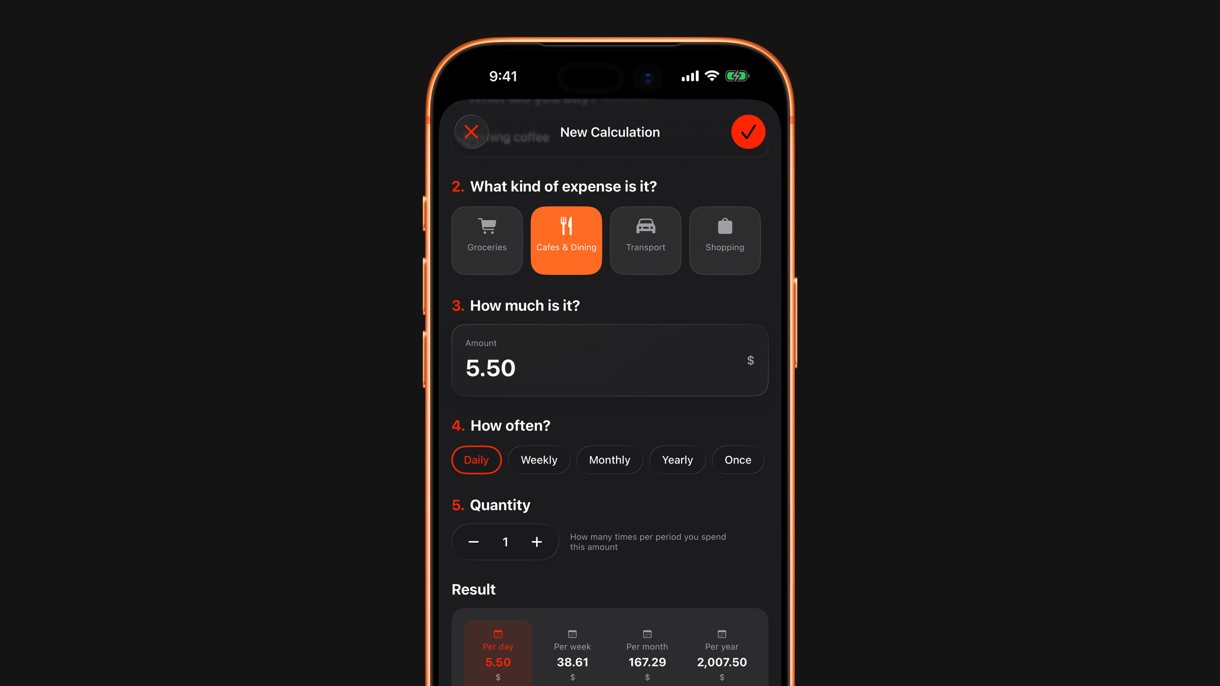 A finished habit calculation in Subscrr on iPhone: the cost per day, week, month and year.