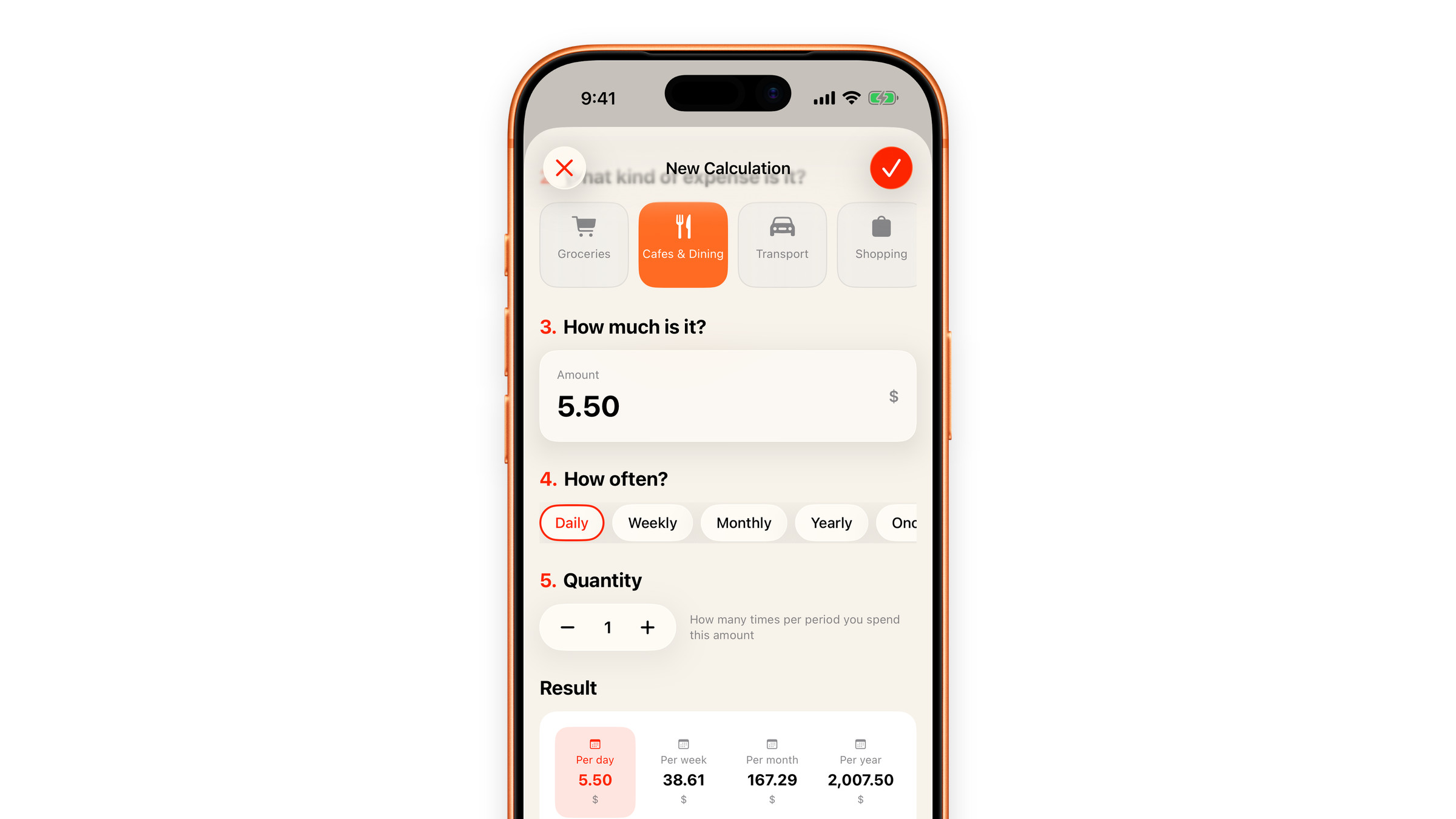 A finished habit calculation in Subscrr on iPhone: the cost per day, week, month and year.