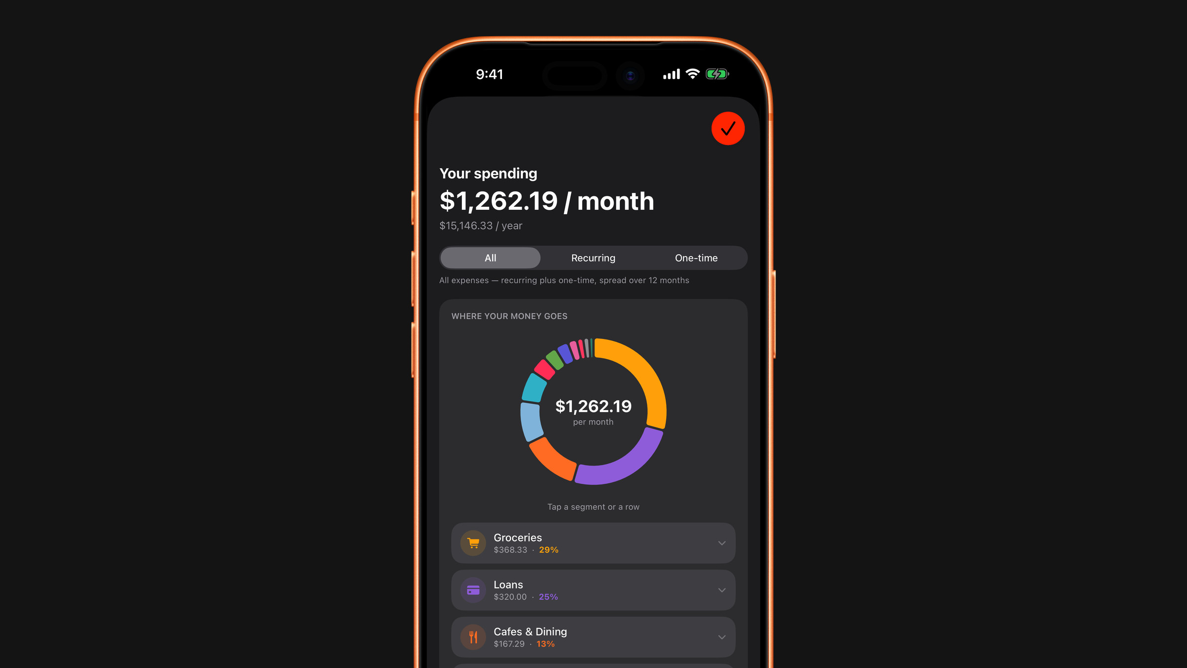 The spending statistics screen in Subscrr on iPhone.
