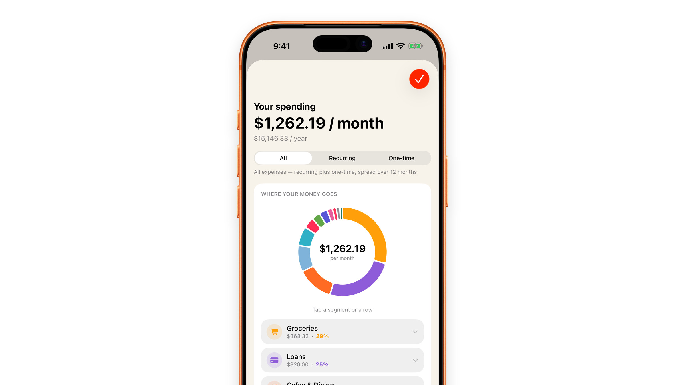 The spending statistics screen in Subscrr on iPhone.