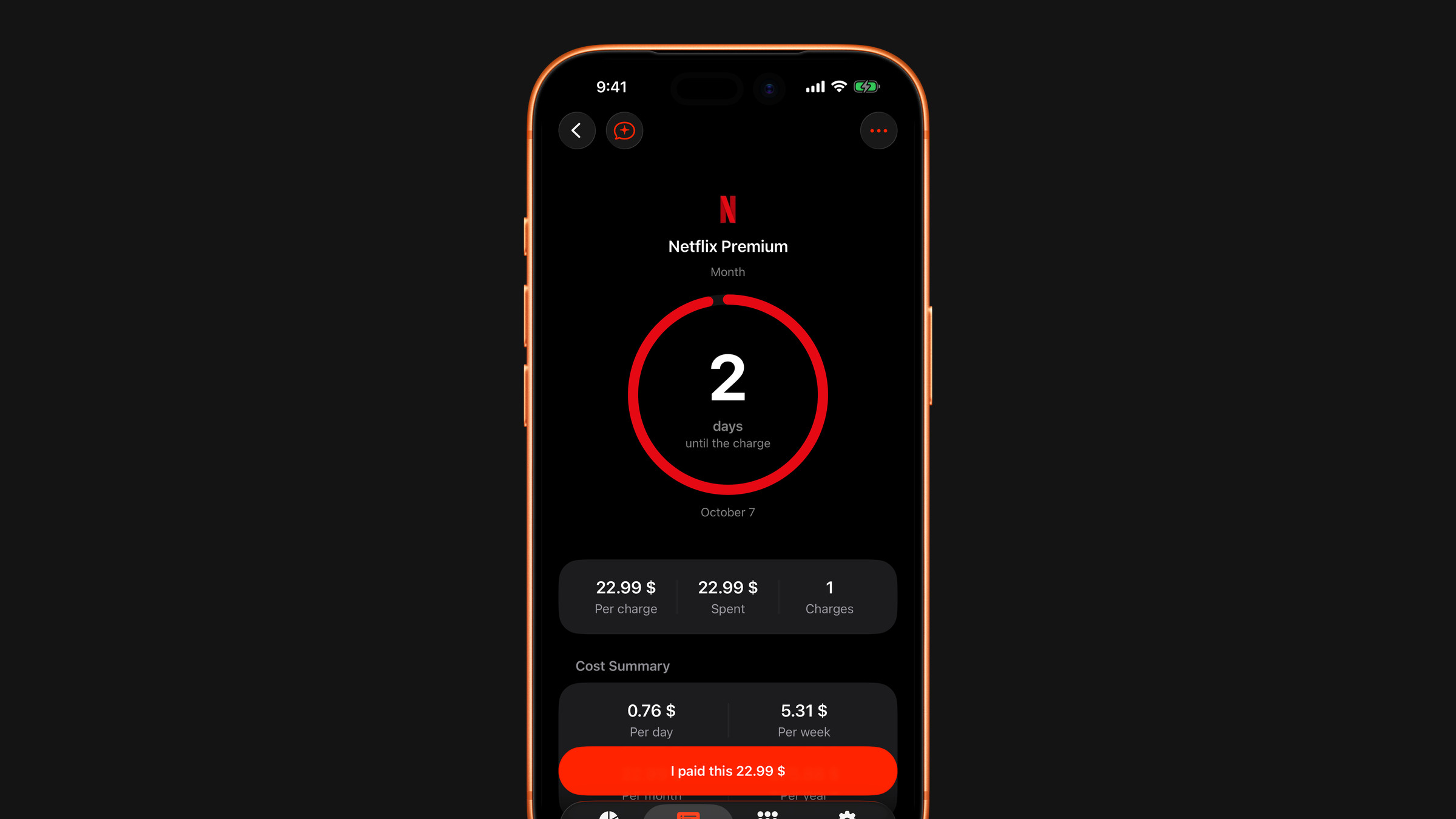 A subscription in Subscrr on iPhone with the button that marks the payment as paid.