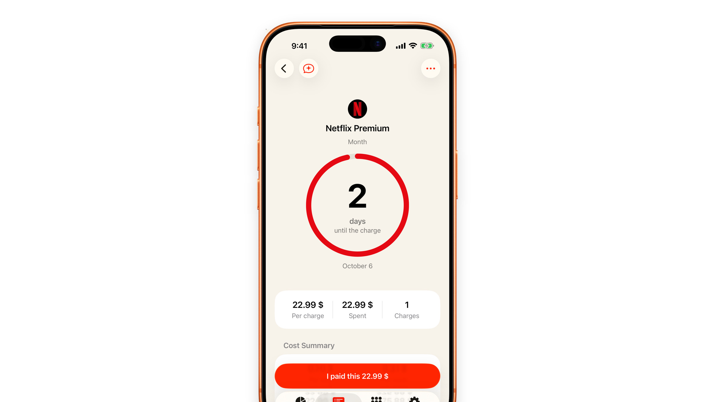 A subscription in Subscrr on iPhone with the button that marks the payment as paid.