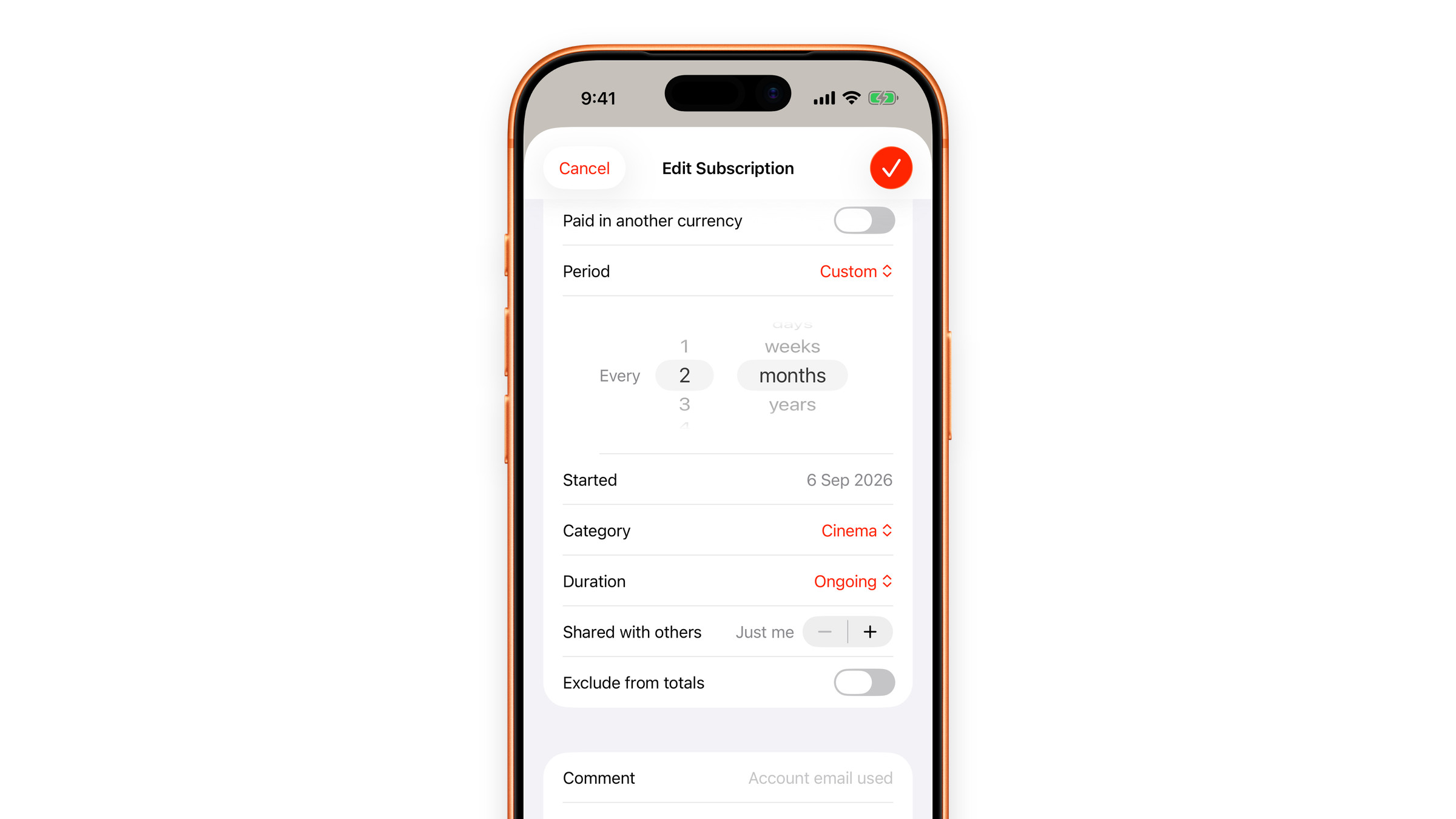 Setting a custom billing interval in Subscrr on iPhone: every few days, weeks, months or years.