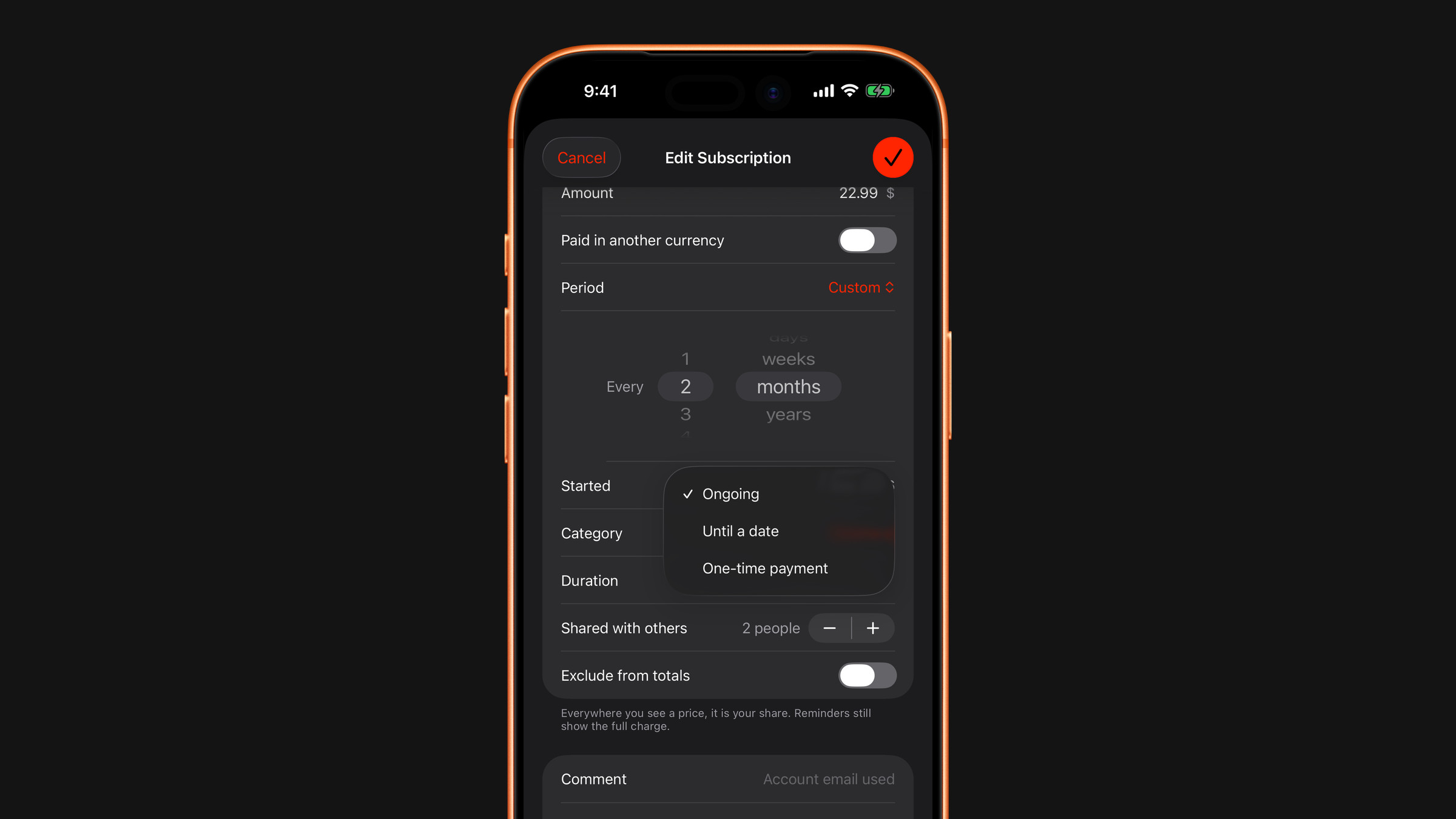 Choosing the duration of a subscription in Subscrr on iPhone: ongoing, until a date, or a one-time payment.