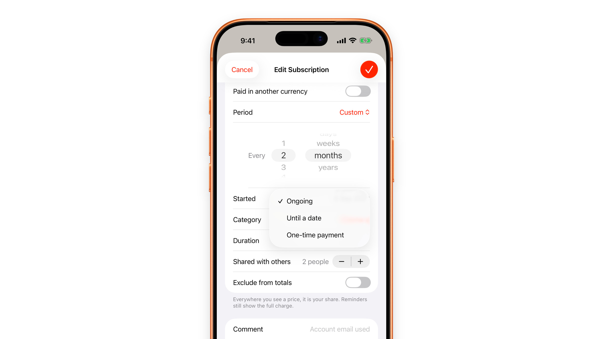 Choosing the duration of a subscription in Subscrr on iPhone: ongoing, until a date, or a one-time payment.