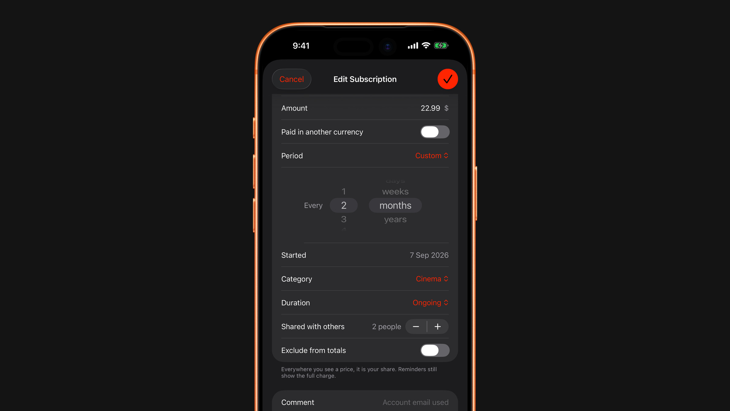 Sharing the cost of a subscription with other people in Subscrr on iPhone.