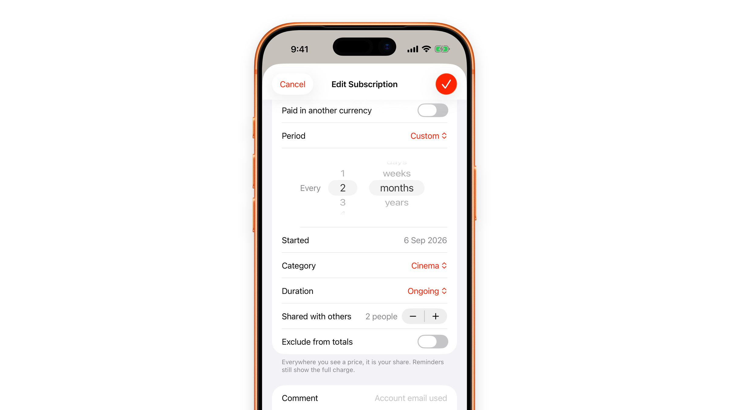 Sharing the cost of a subscription with other people in Subscrr on iPhone.
