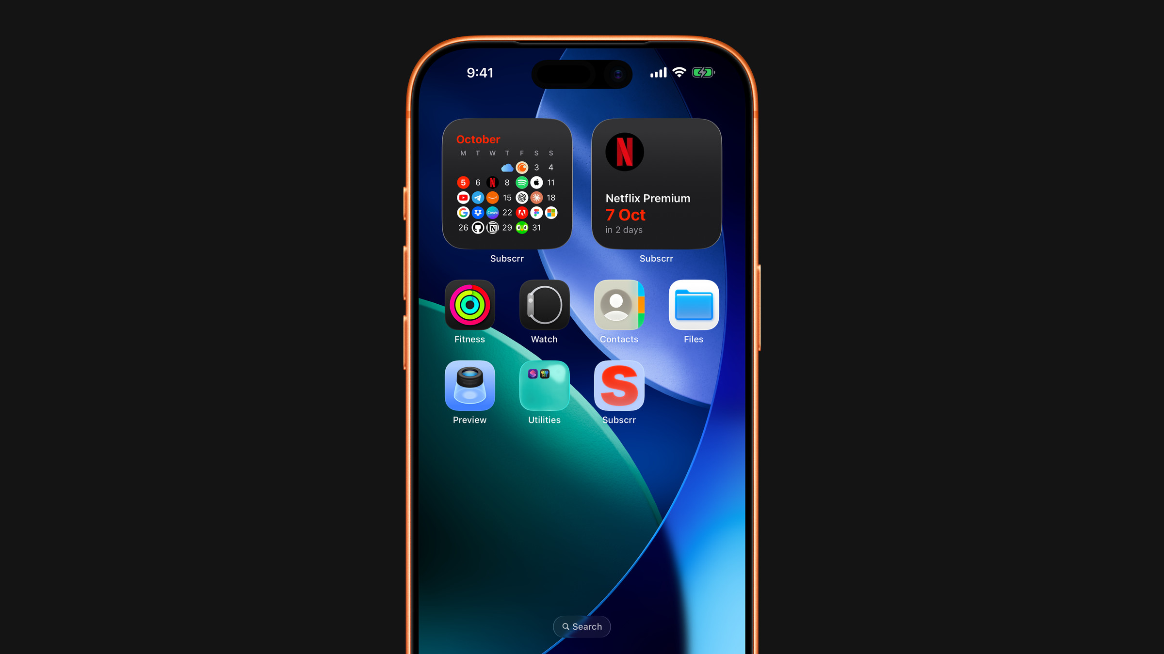 Subscrr widgets on the iPhone Home Screen: the next payment and the payment calendar.
