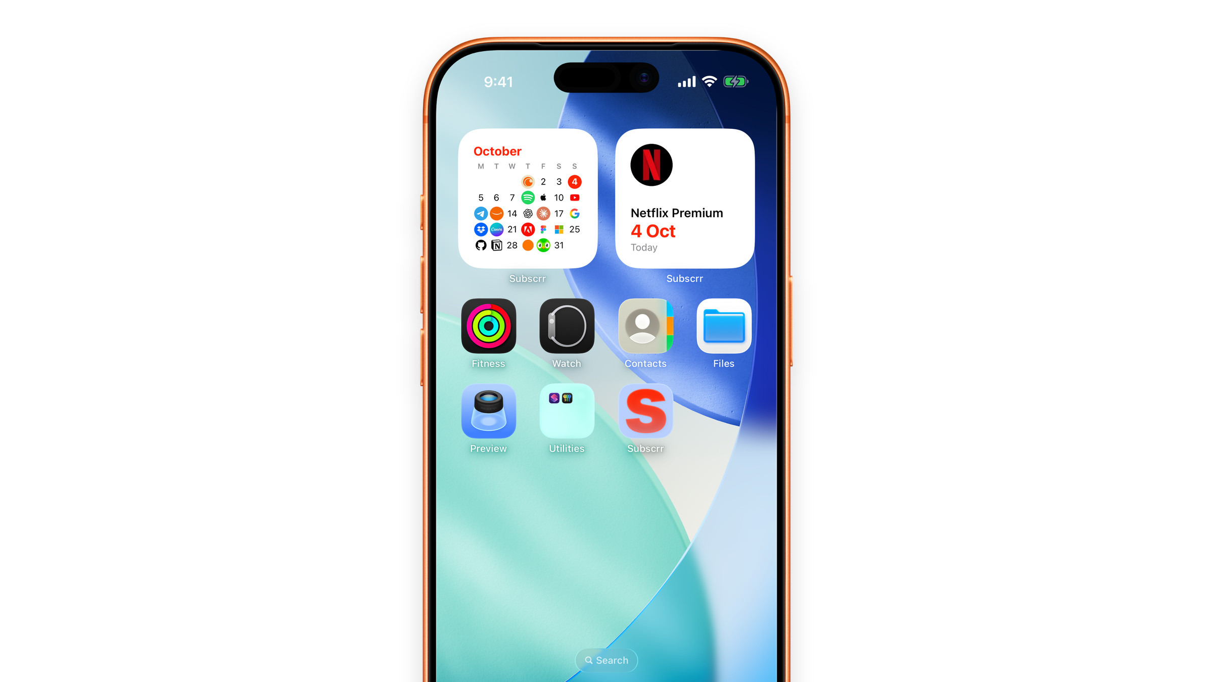 Subscrr widgets on the iPhone Home Screen: the next payment and the payment calendar.
